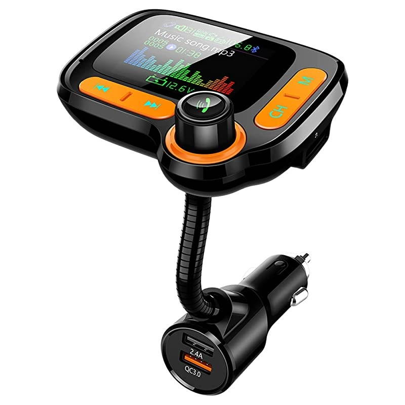 FM Transmitter Car Adapter,Support Wireless Handsfree Call and MP3 Music/APP Audio Play,1.8" Color Screen,3 USB Charger,3.5mm AUX Port,Compatible with iPhone,iPad,Samsung and More