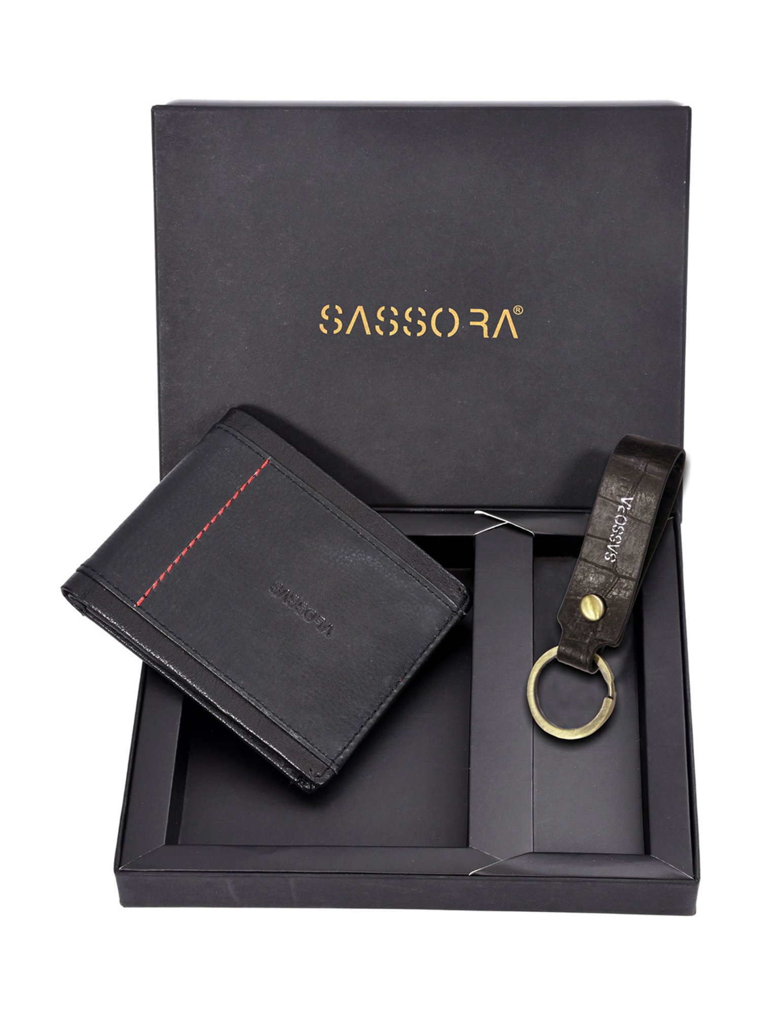 Sassora Black & Red Small Leather Bi-fold Wallet Keychain Gift Set (Pack Of 2)