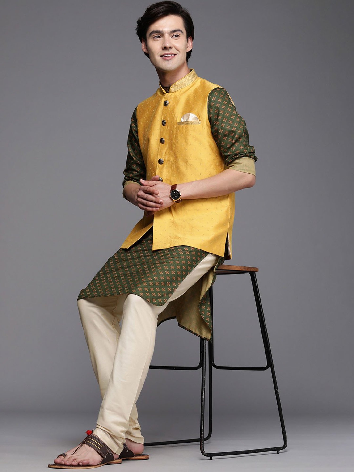Manyavar Mustard Regular Fit Printed Nehru Jacket