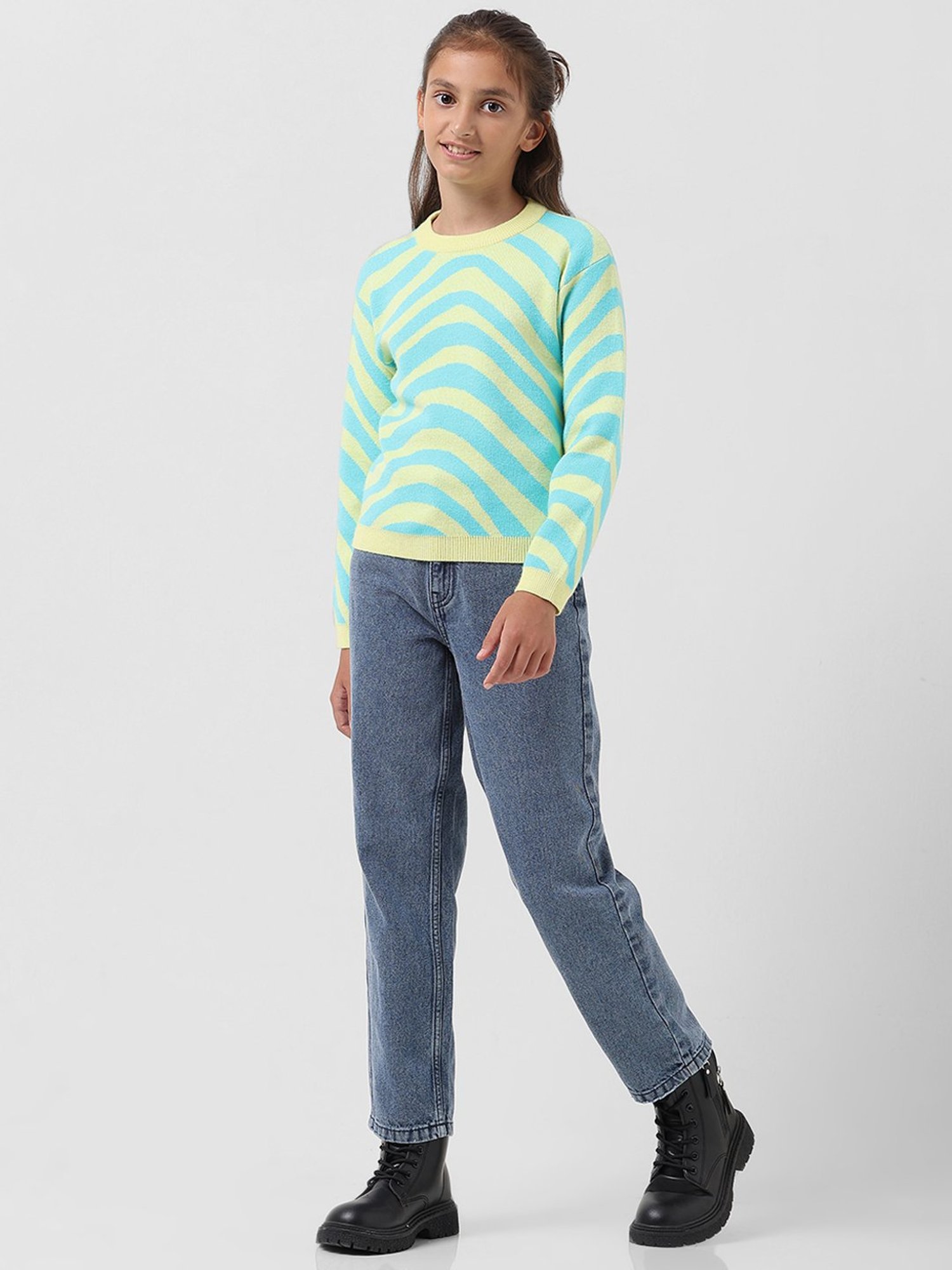 VERO MODA GIRL Blue & Green Printed Full Sleeves Sweater