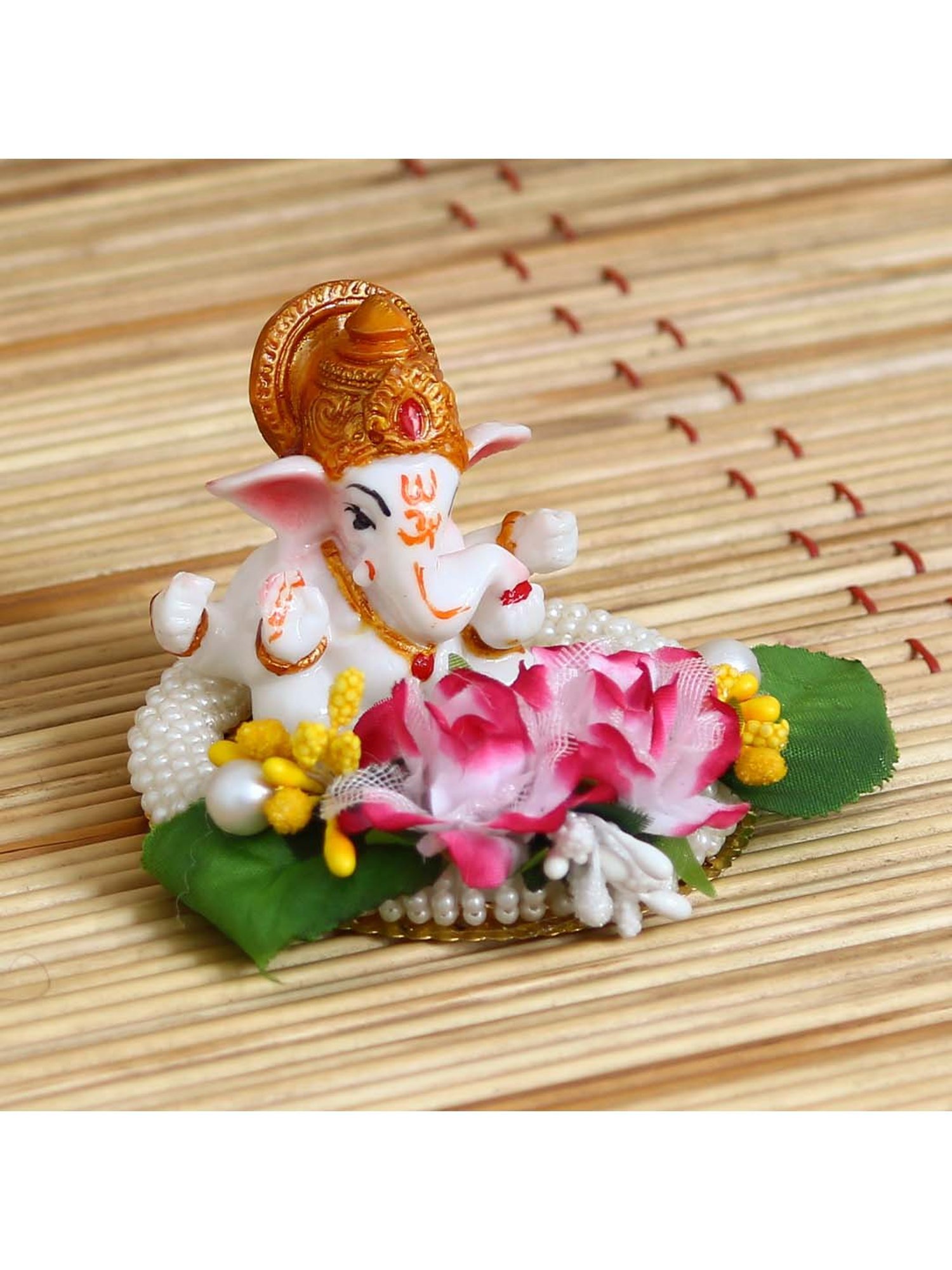 eCraftIndia Lord Ganesha Idol on Decorative Handcrafted Plate with Colorful Flowers and Leaf