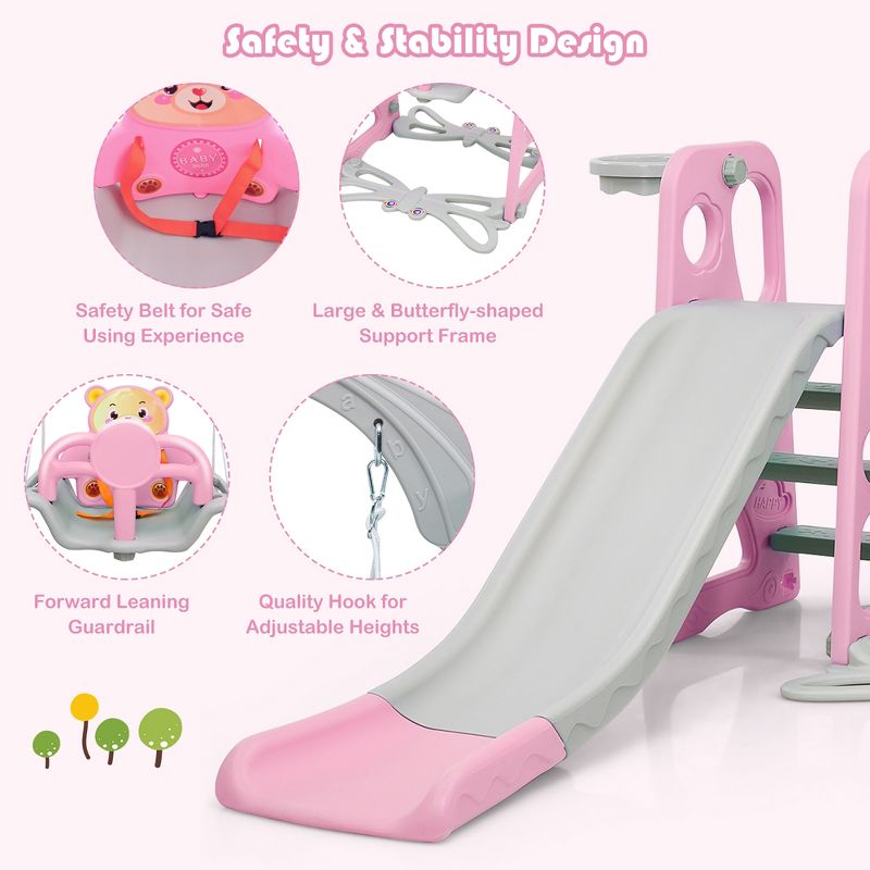 Costway 4-in-1 Toddler Climber and Swing Set w/ Basketball Hoop & Ball Pink