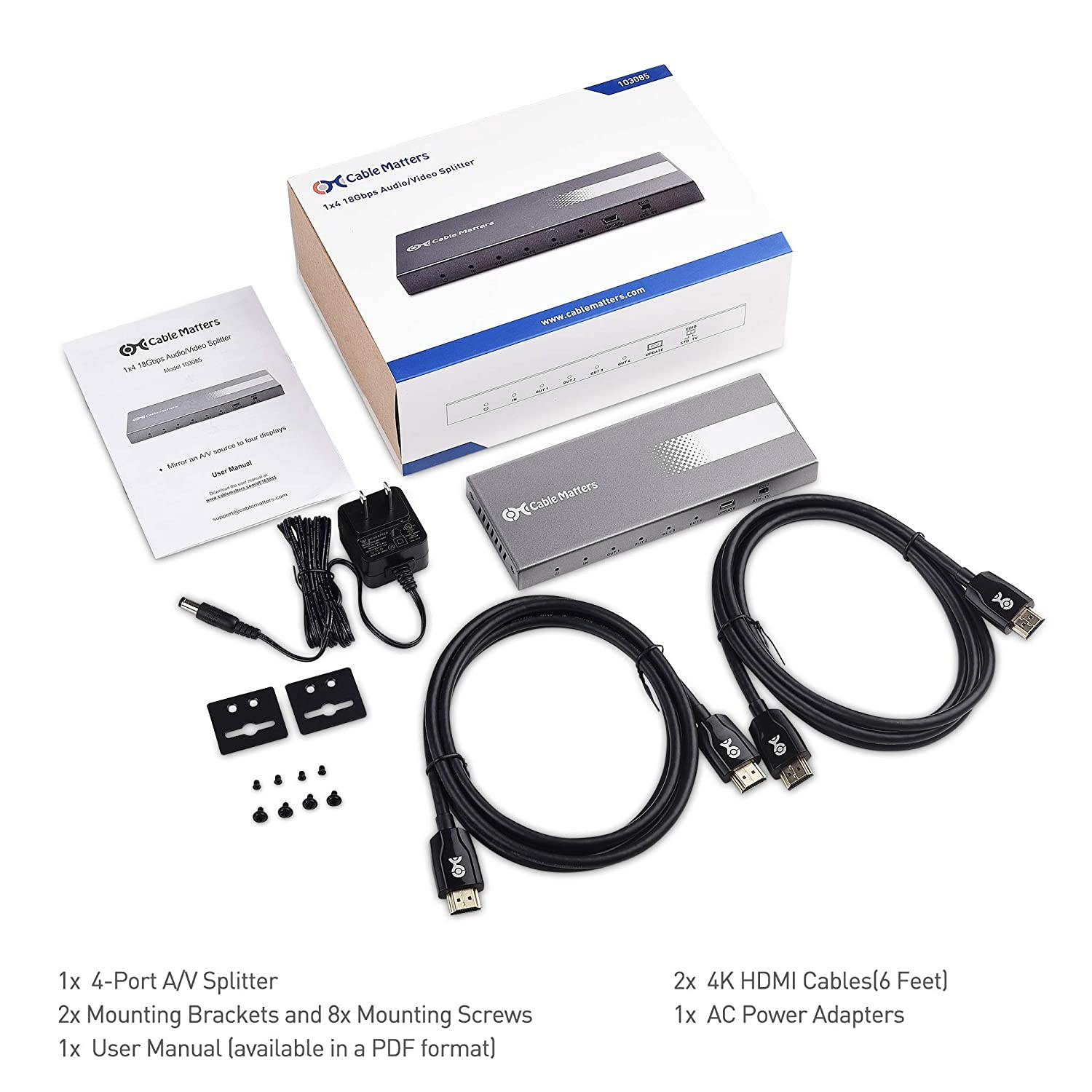 Cable Matters 4K 60Hz 4 Port HDMI Splitter 1 in 4 Out - Support 18Gbps HDMI 2.0 and HDR