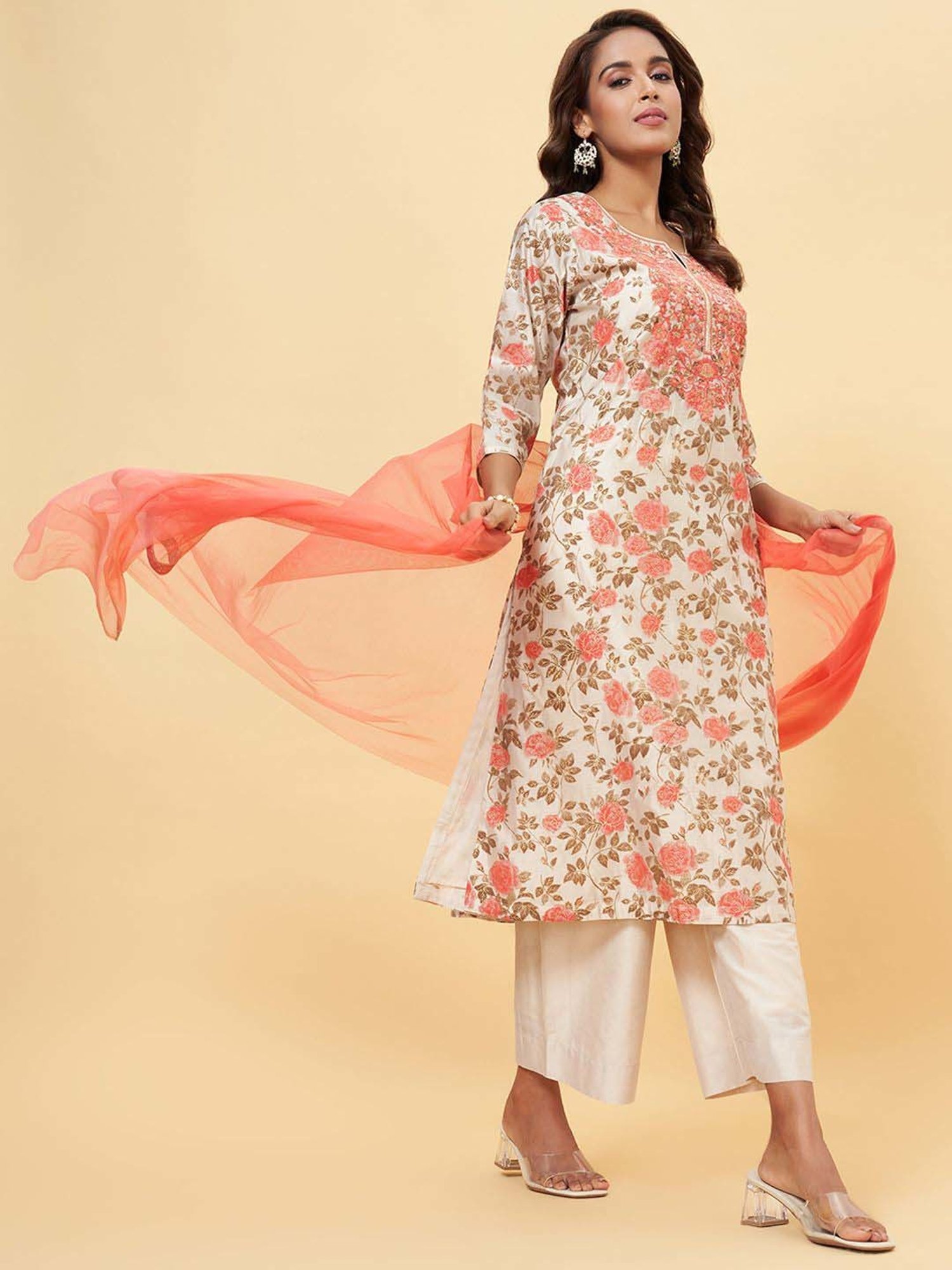 Rangmanch by Pantaloons Beige Embroidered Kurta Palazzo Set With Dupatta