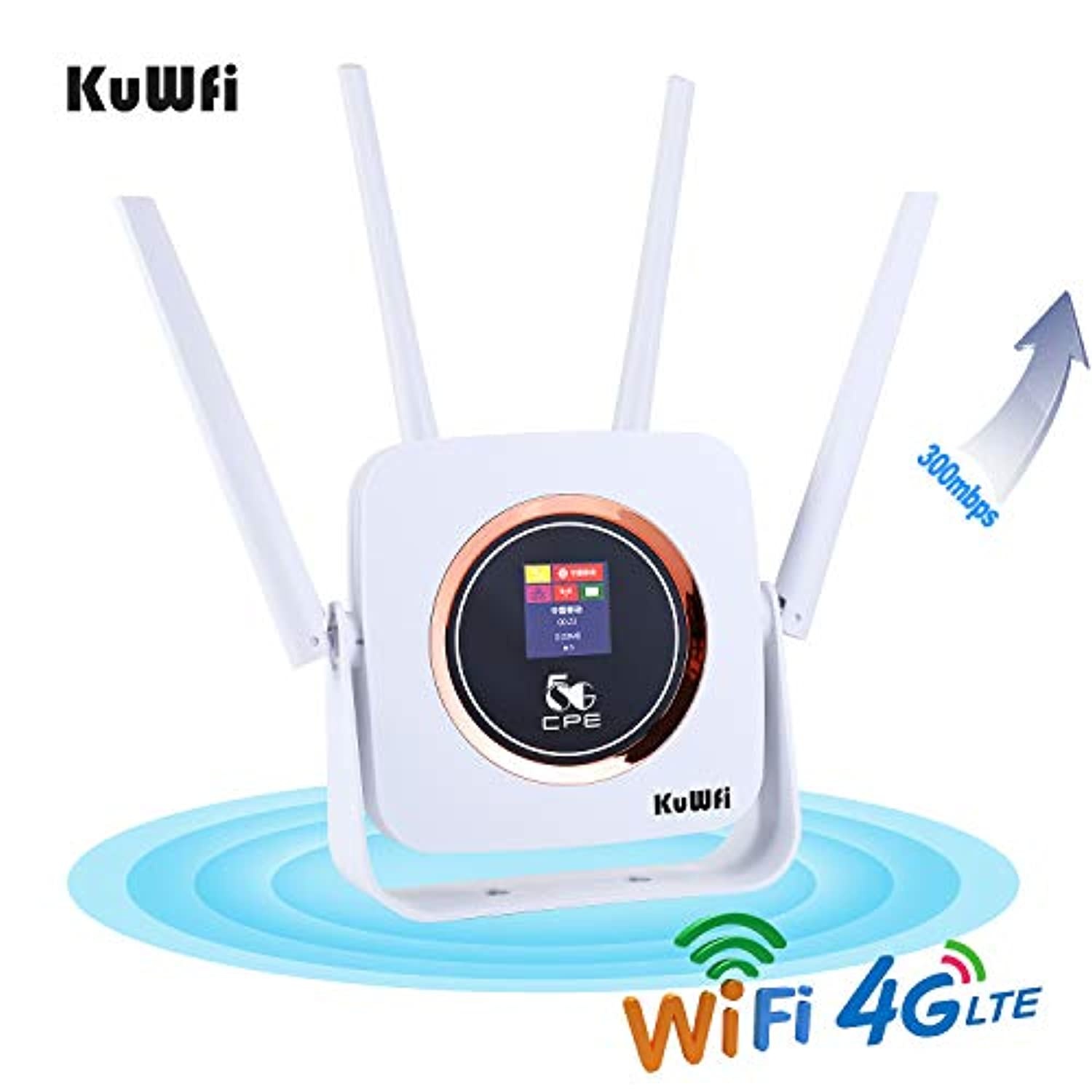 KuWFi 4G LTE Router SIM Card, WiFi Wireless Modem CAT 6 High Speed 4G CPE WiFi Router External Antenna Support UMTS/HSPA/LTE Access and 32 Users Simultaneous use [Not for USA]