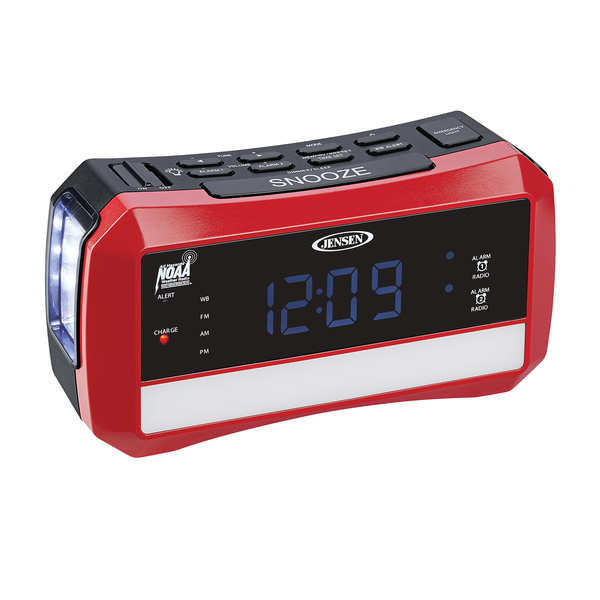 Digital AM/FM Weather Alarm Clock Radio with Weather Alert, Emergency Light, and Flashlight, Red, JEP-775