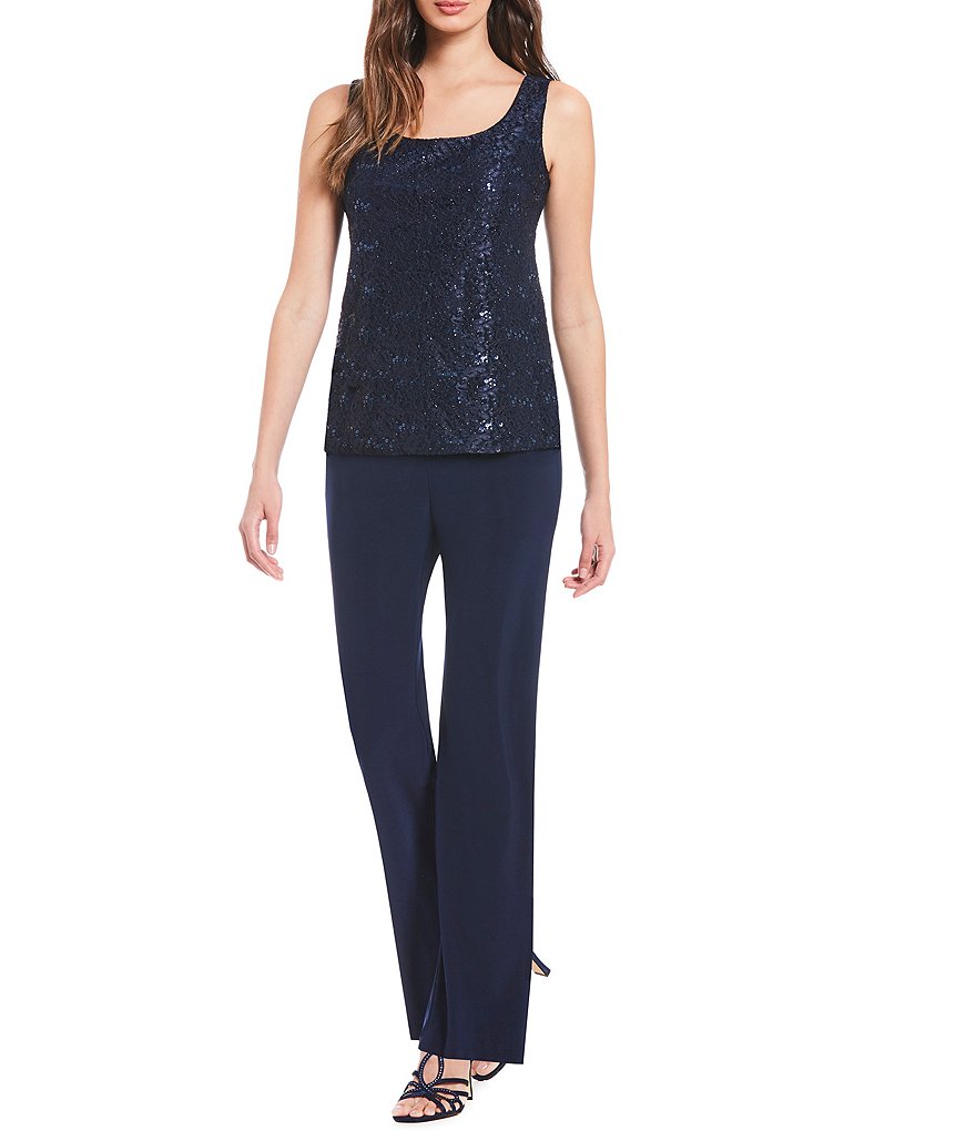 R & M Richards 3-Piece Sequin Glitter Scallop Lace Duster Pant Set