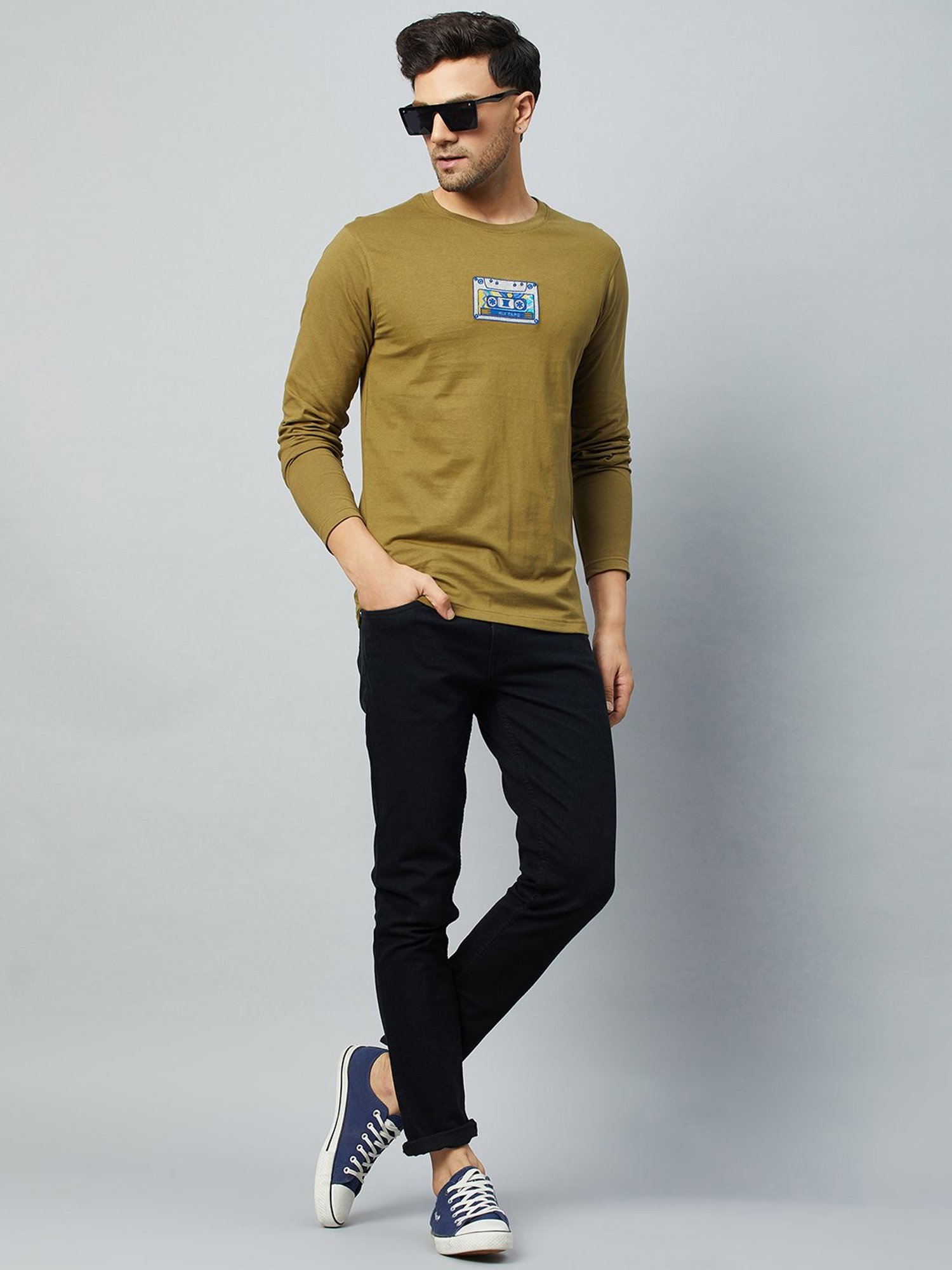 Club York Olive Regular Fit Printed Crew T-Shirt