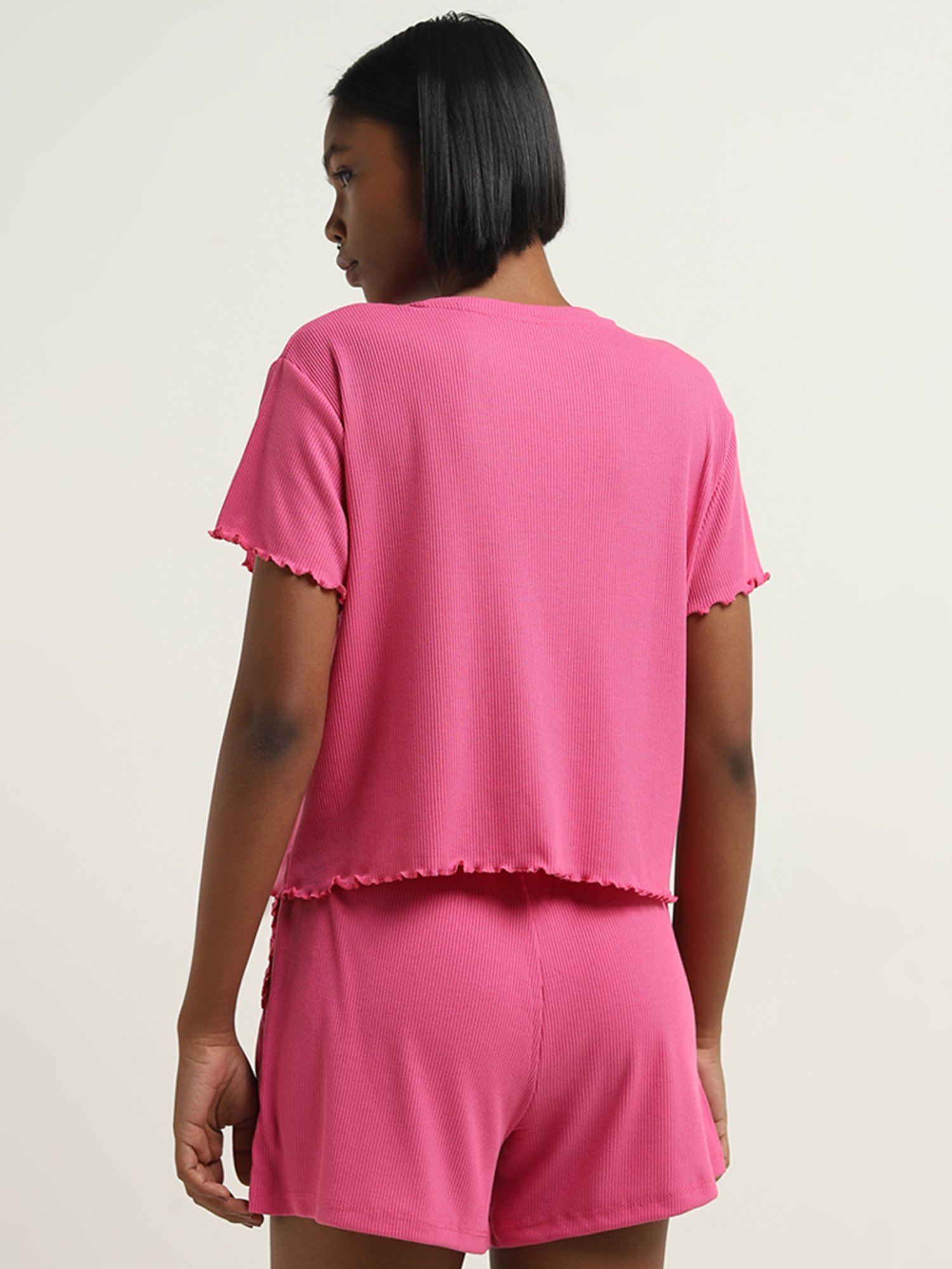 Superstar by Westside Pink Ribbed Textured T-Shirt