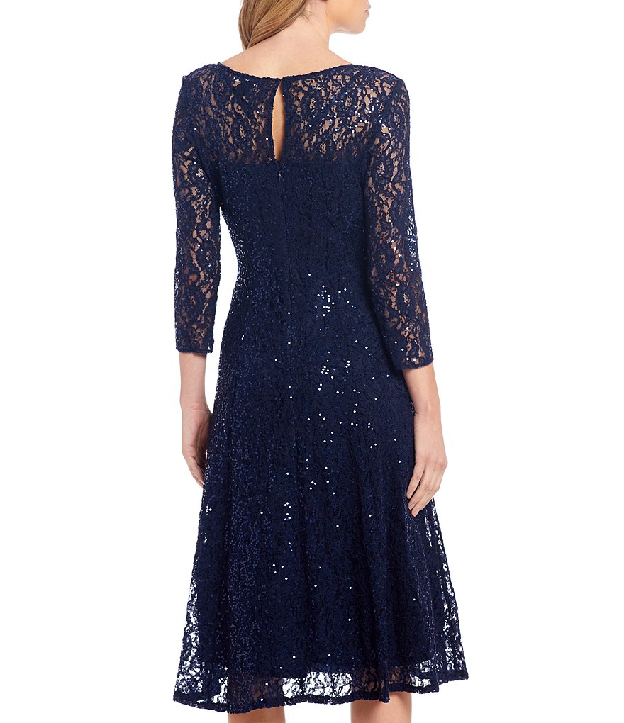 Ignite Evenings Petite Size Round Neck 3/4 Sleeve Tea Length Sequin Lace Dress