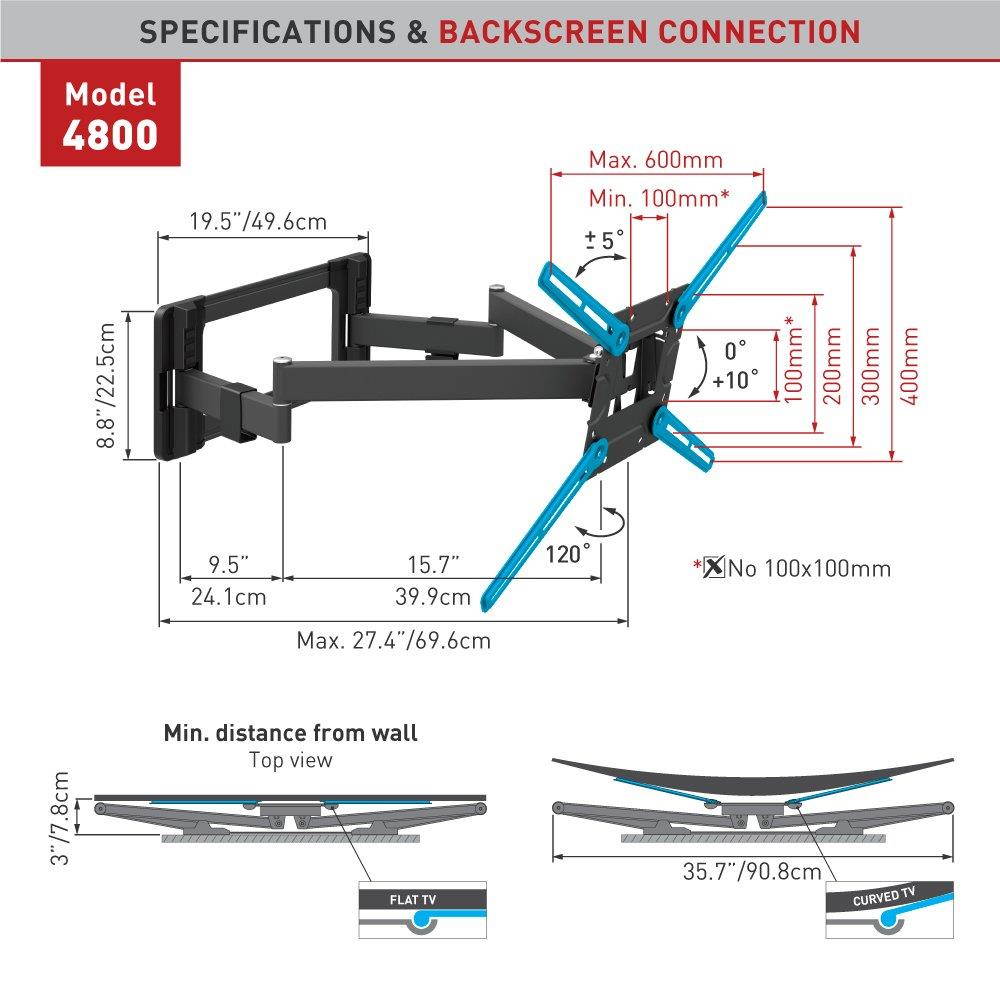 Barkan 40 - 90  Full Motion - 4 Movement, Flat/Curved TV Wall Mount, Extremely Extendable and Stable, Patented,