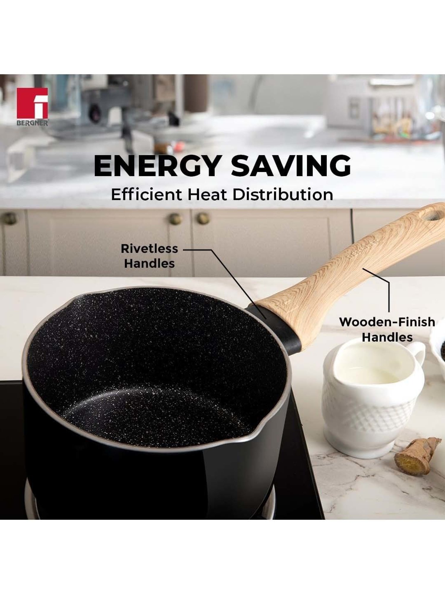 Bergner Bellini & Aura Black 16 cm Induction Saucepan With Wooden Finish Handle (1.8 L)