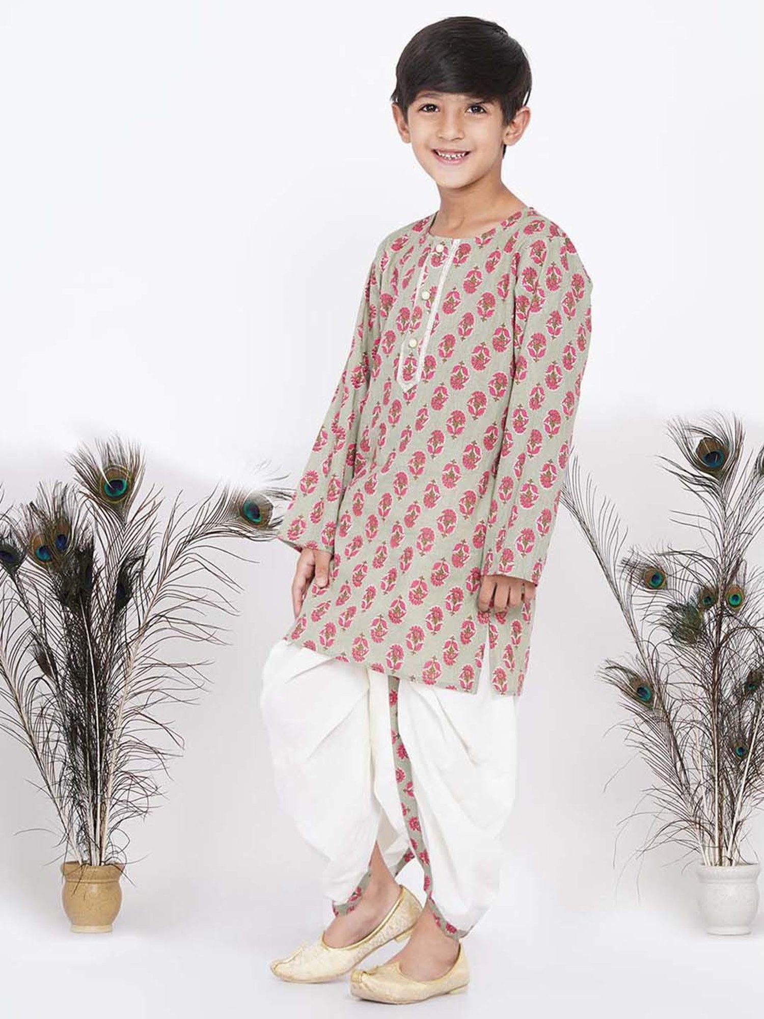 Little Bansi Kids Green & Cream Cotton Floral Print Full Sleeves Kurta Set