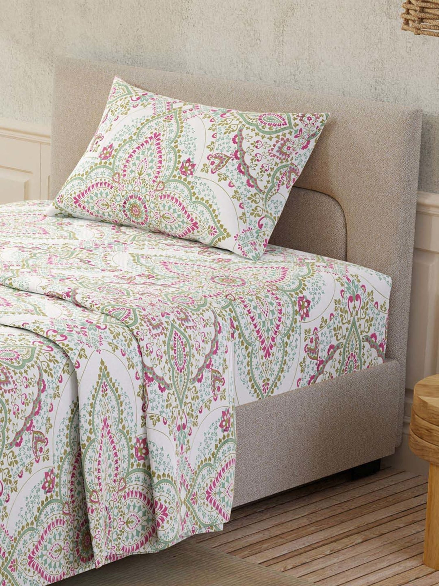 Layers Serenity Multicolor Cotton 200 TC Jaipur Medallian Single Bedsheet with 1 Pillow Cover