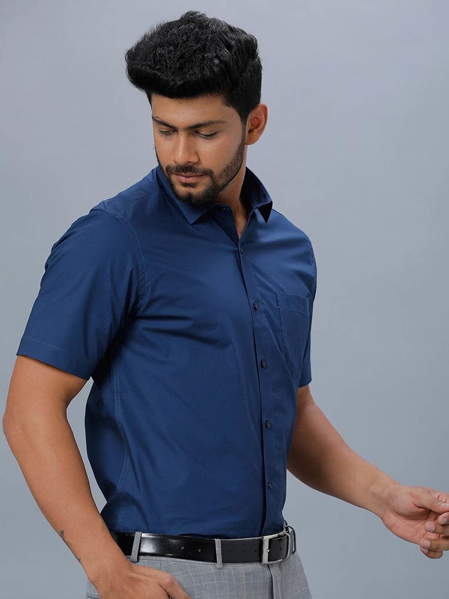 Ramraj Dark Blue Cotton Regular Fit Shirt