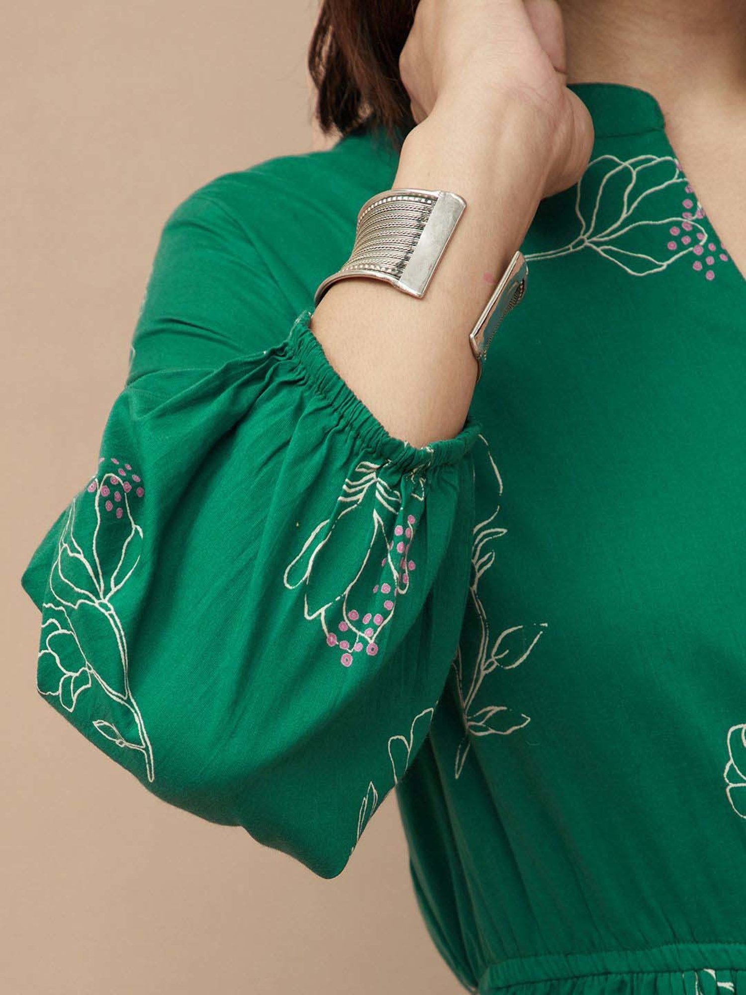 Colour Me by Melange Green Cotton Printed Maxi Dress