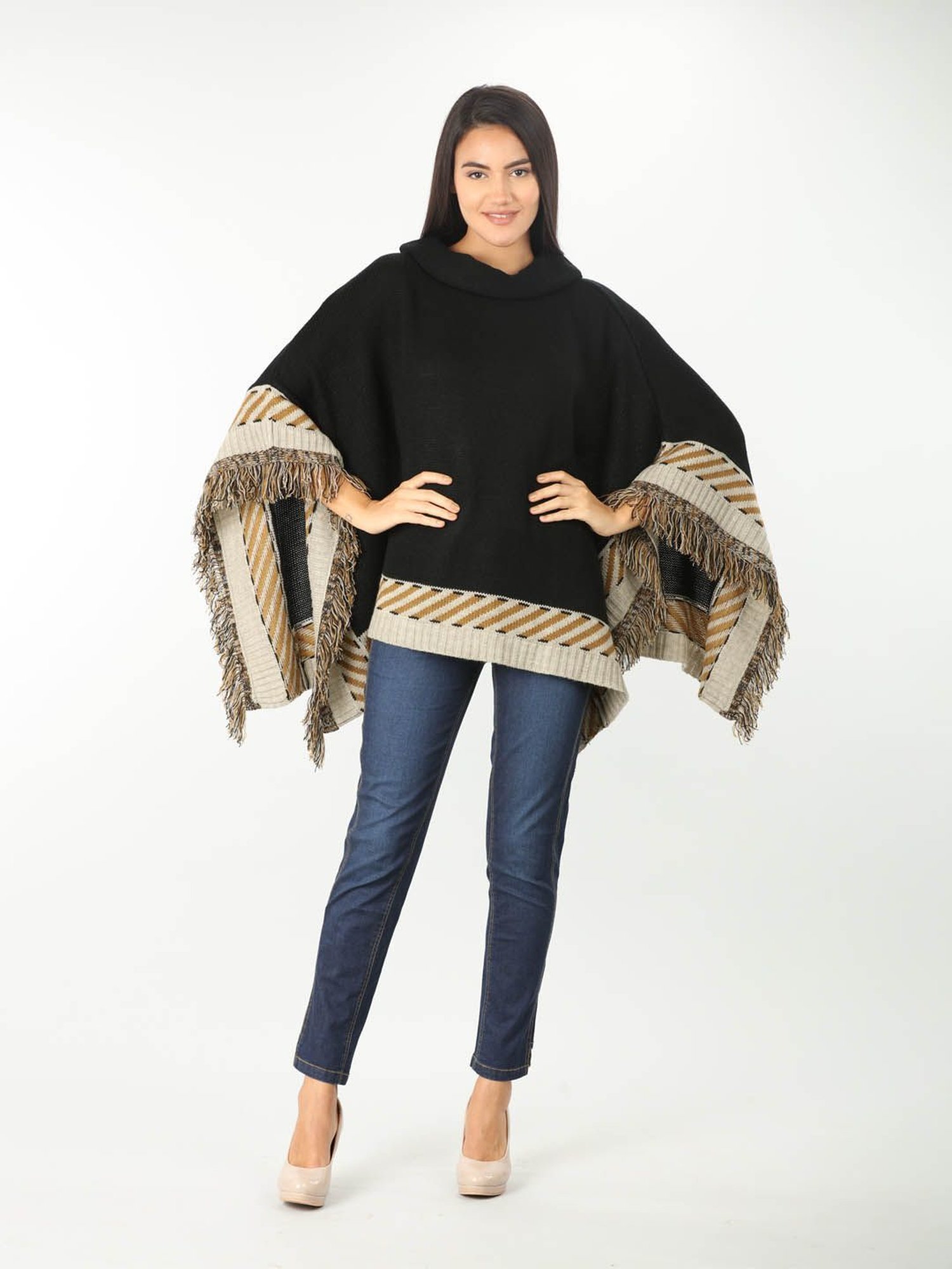 Mustard Black Regular Fit Poncho