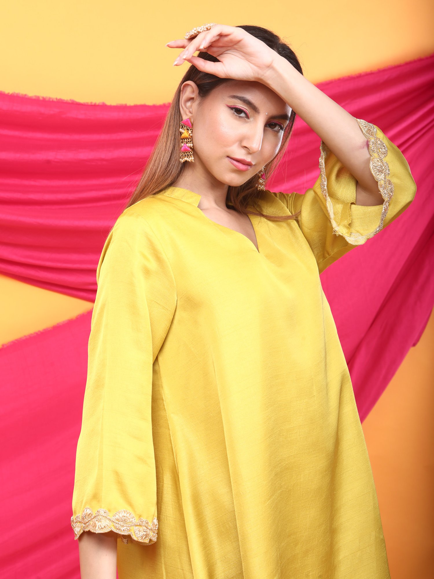 Monk & Mei Nusrat Assymetrical Kurta and Pant Co-ord Set-Canary Yellow and gold