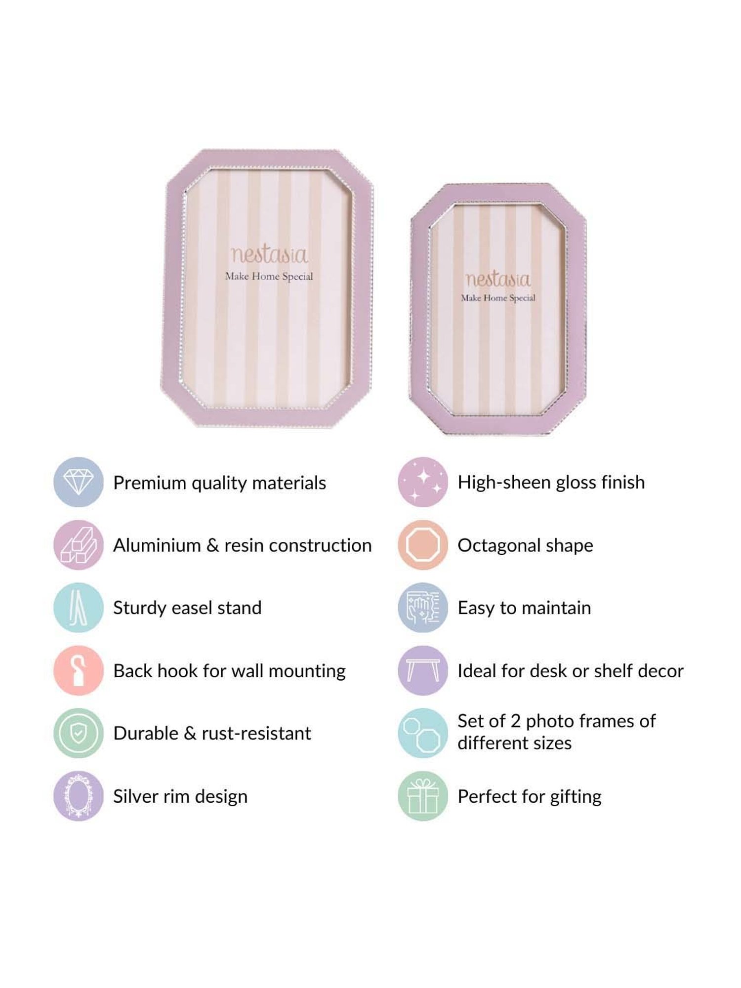 Nestasia Octagon Shaped Lavender Border Metal Photo Frame Set Of 2
