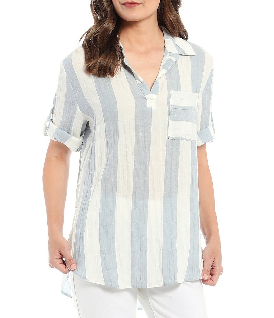 Westbound Striped Roll Sleeve Y-Neck Popover Top
