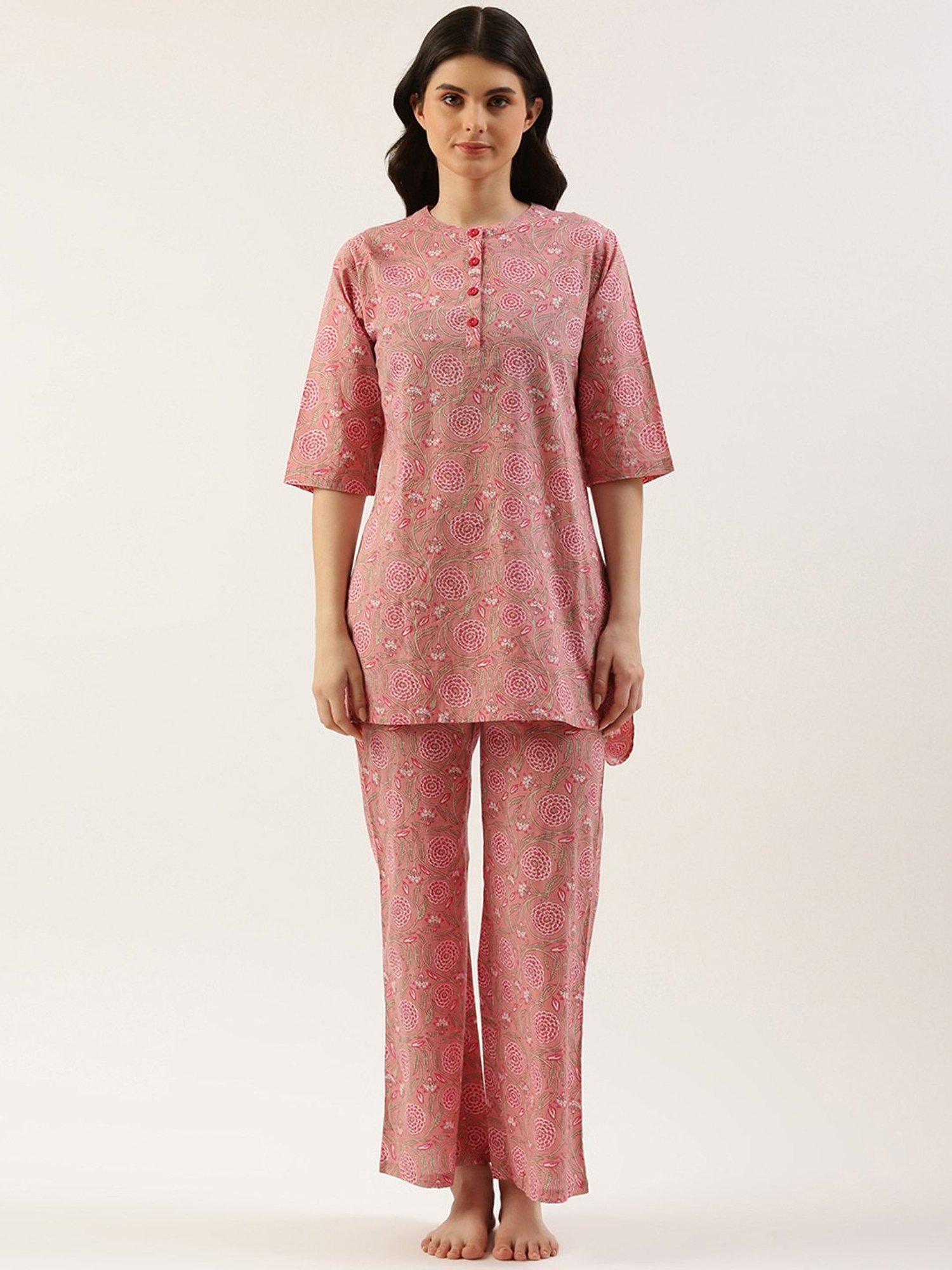 Clt.s Pink Cotton Floral Print Kurta With Palazzos