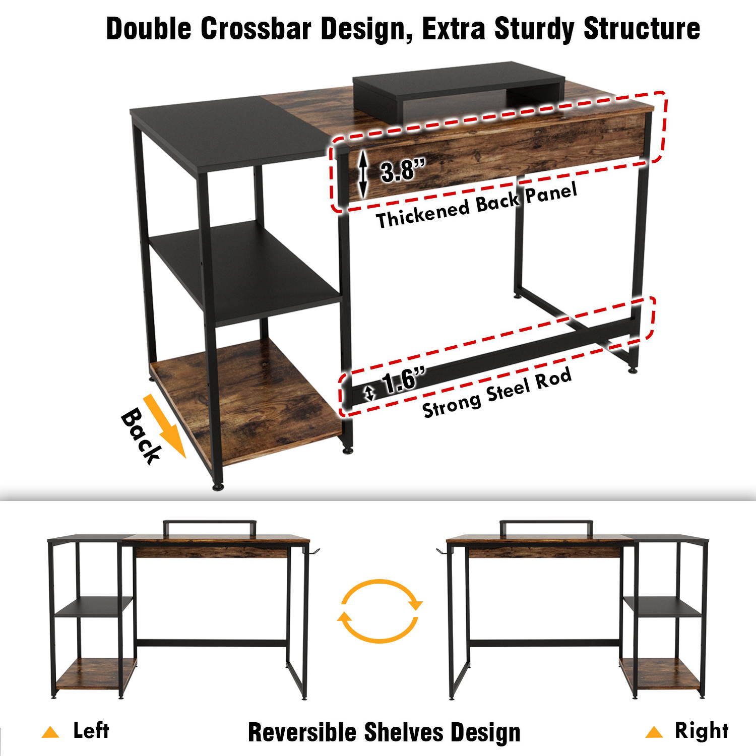 Bestier 55 Inch Home Desks with Monitor Stand & Storage Shelves, Sturdy Rustic Desk, Home Office Laptop Desk, Easy to Assemble, Rustic Brown & Black