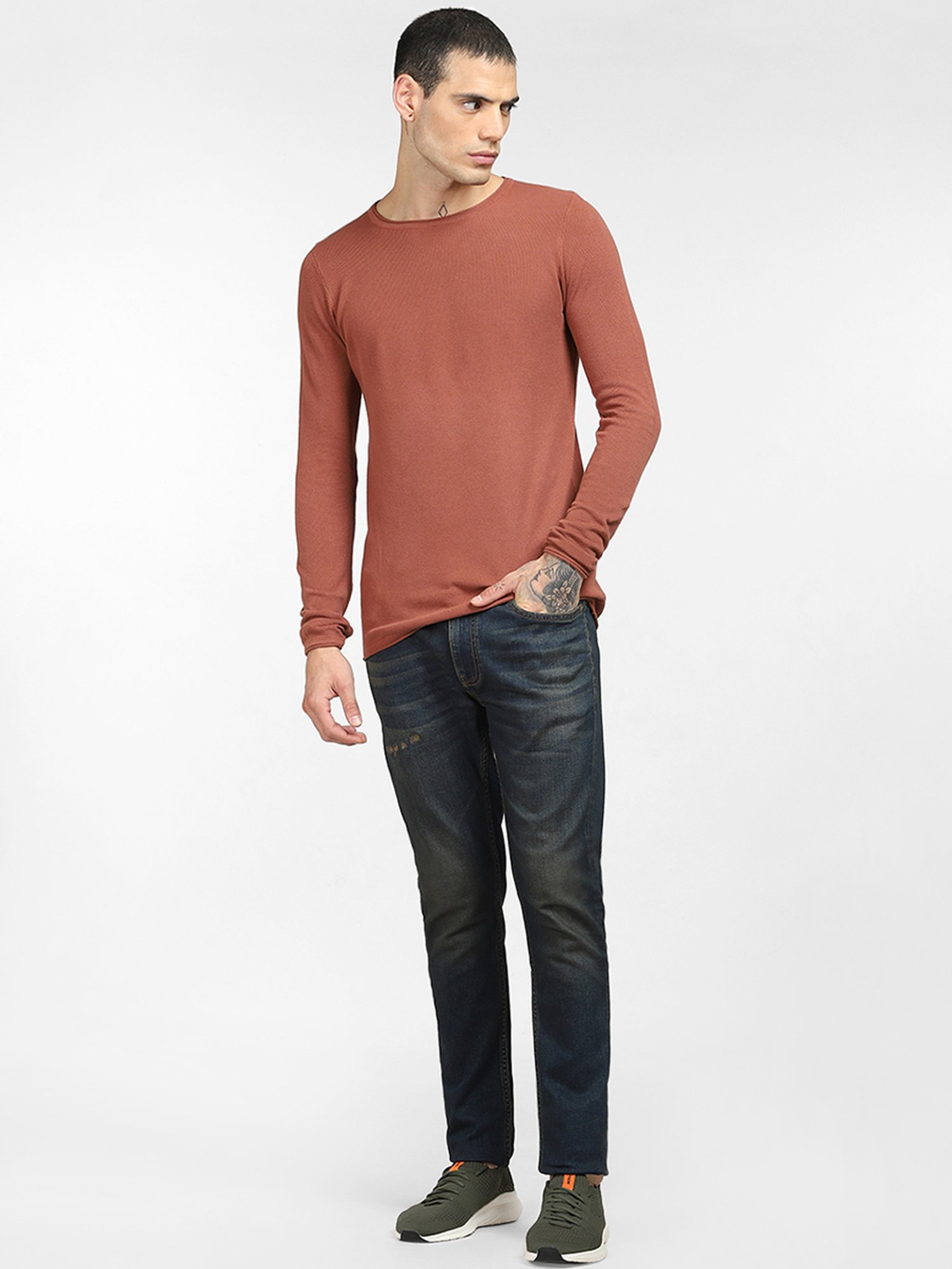 Jack & Jones Brown Patina Cotton Regular Fit Sweater