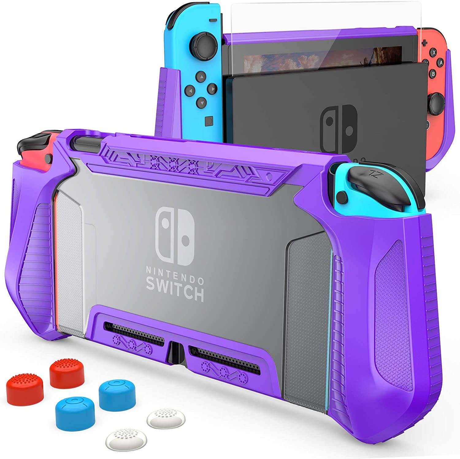 HEYSTOP Case Compatible with Nintendo Switch Case Screen Protector,TPU Protective Heavy Duty Cover Case for Nintendo Switch with Shock Absorption and Anti-Scratch Transparent Purple