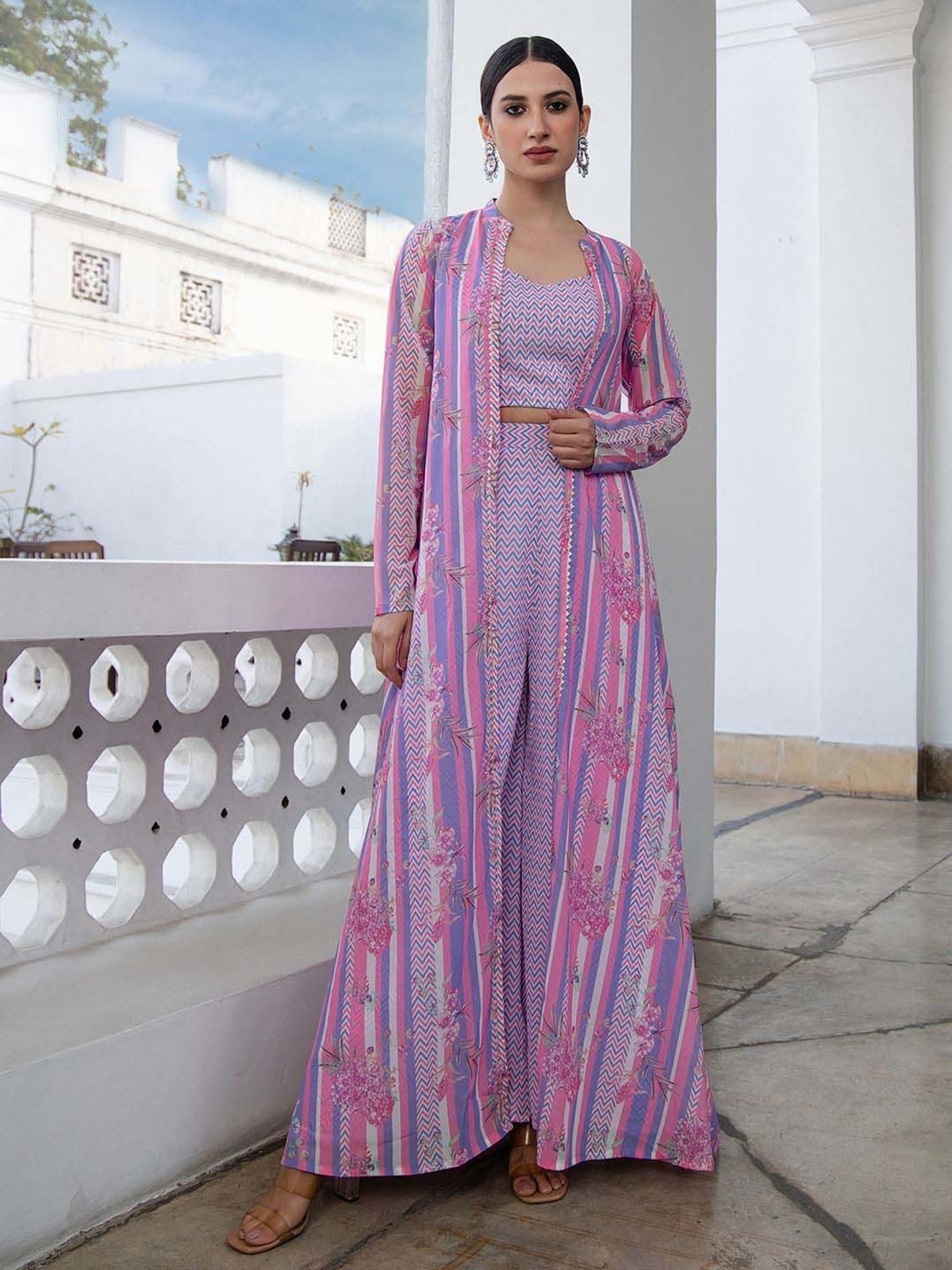 Janasya Purple & Pink Printed Top Palazzo Set With Jacket