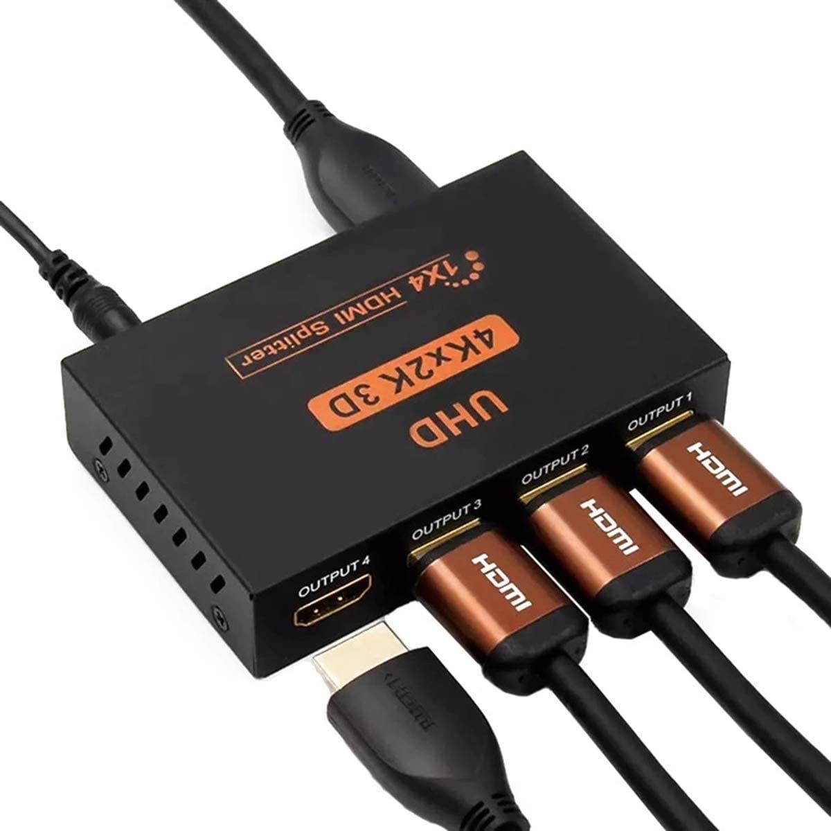 HDMI Splitter 1 in 4 Out V1.4 Powered 1x4 Ports Box Supports 4K@30Hz Full Ultra HD 1080P 3D Compatible with PC STB Xbox PS4 Fire Stick Roku Blu-Ray Player TV HDTV (1 Input to 4 Outputs)