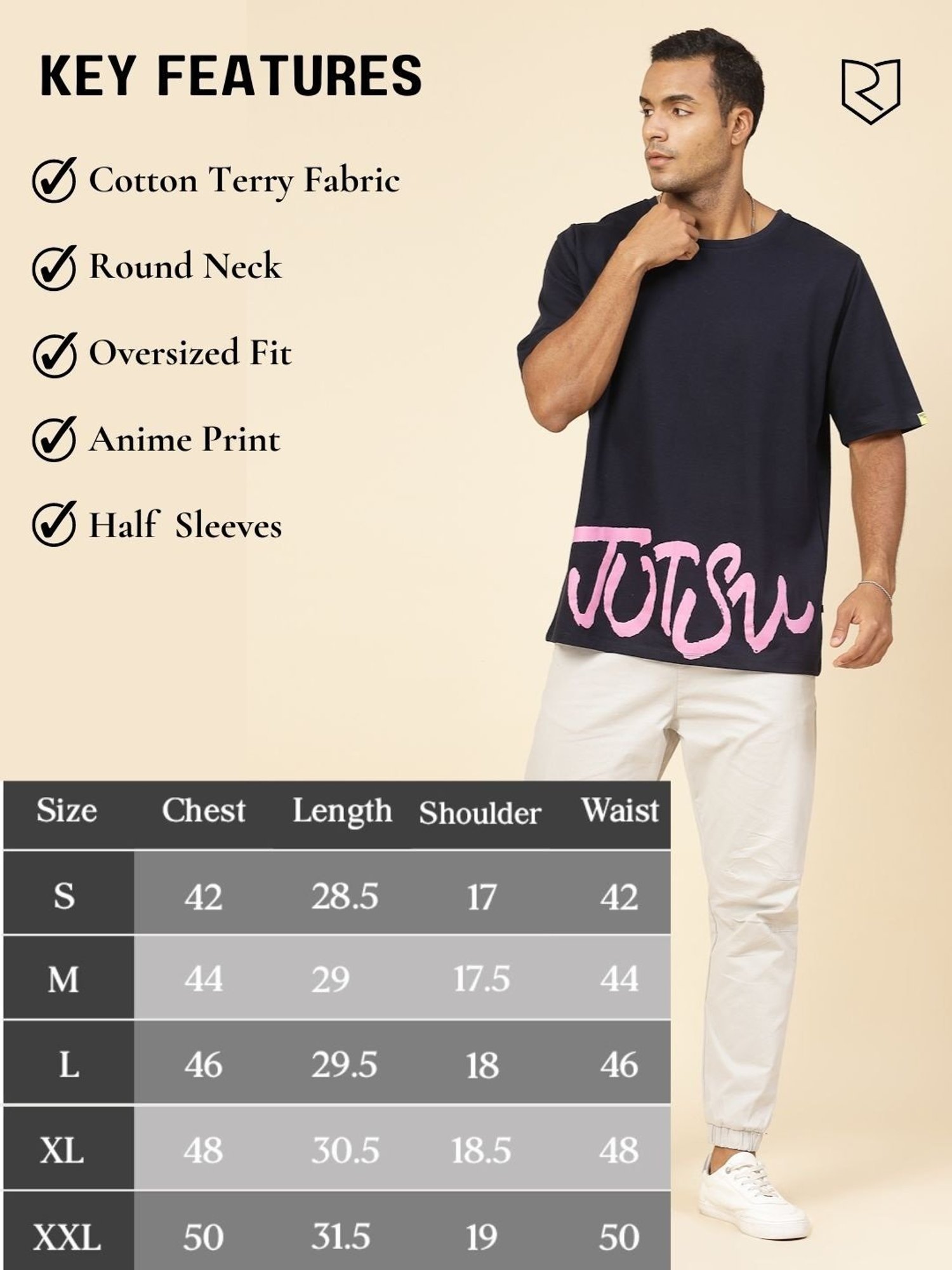 Rigo Navy Cotton Loose Fit Typography T-Shirt