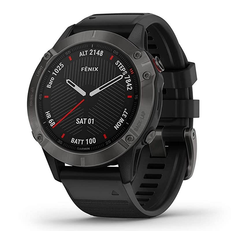 Garmin Fenix 6 Sapphire (Gray DLC with Black Band) Gift Box Bundle | +HD Screen Protectors,  Portable Charger, Car/Wall Adapters & Protective Case | Multisport Fitness Watch