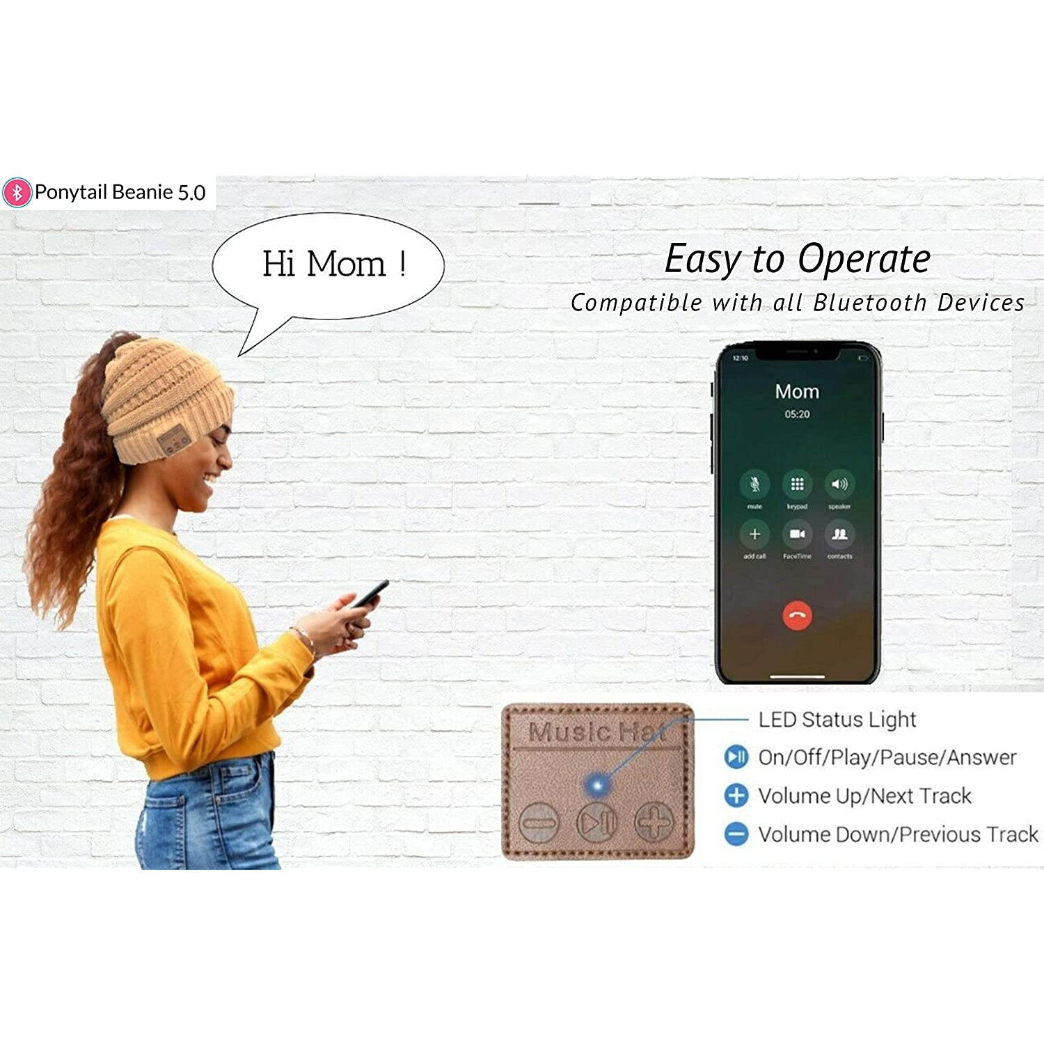 Bluetooth Beanie Hat Bluetooth 5.0v Wireless Headsets Ponytail Design, HI-FI Sound, Built-in Mic, Hand Free Calling, Long Battery Life