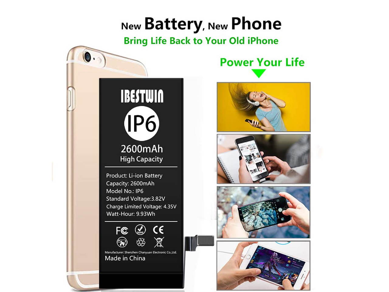 IBESTWIN 2600mAh Upgraded Replacement Battery for iPhone 6 with Removal Tool Kits and Instruction, High Capacity Battery 0 Cycle
