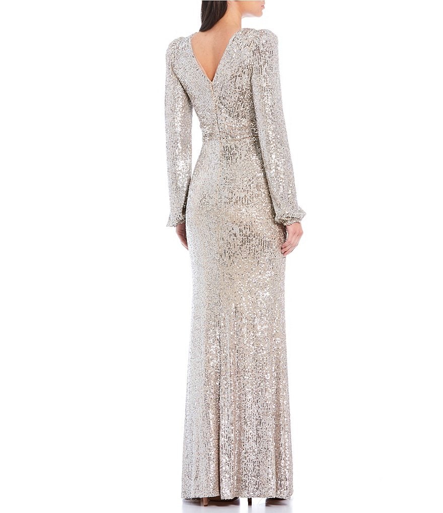 Xscape Allover Sequin V-Neck Front Slit Long Sleeve Gown