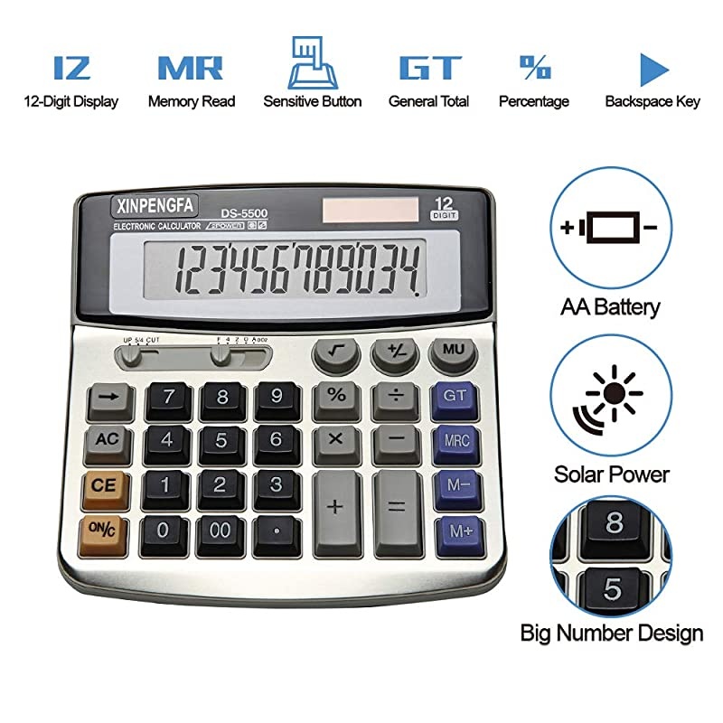 Office Calculator, Solar and Battery Dual Power, Metal Surface 12 Digit Calculators Large Display Big LCD,and Large Button