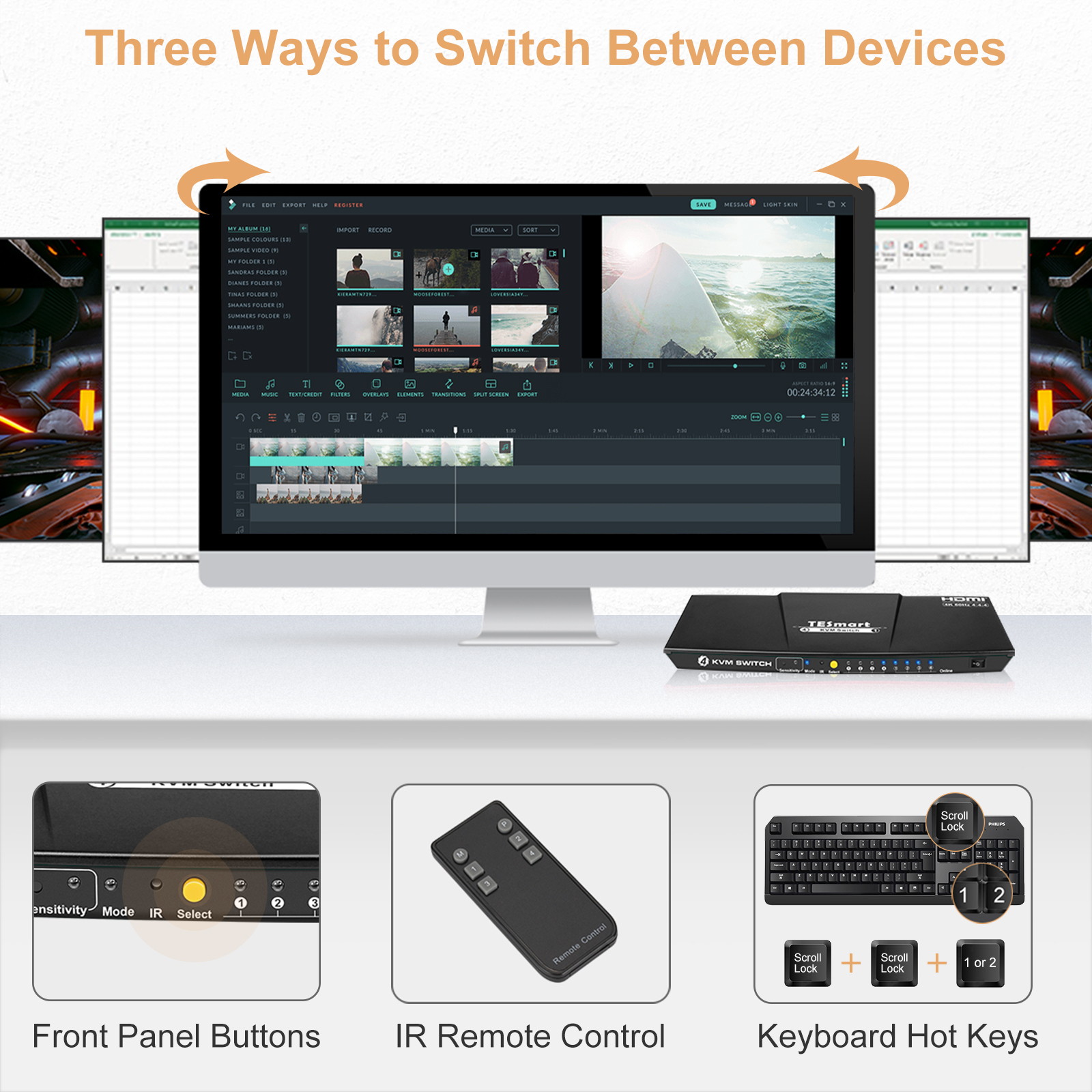TESmart Newest HDMI KVM Switch 4 Port 4K@60Hz Ultra HD 4x1 HDMI KVM Switcher with 2 Pcs 5ft KVM Cables Supports Mechanical and Multimedia Keyboard &Mouse USB 2.0 Devices Control up to 2 Computers/Serv