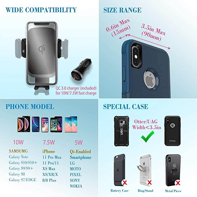 Wireless Charger Car Mount for iPhone 11ProMax iPhone SE XSX Note 10Plus Note 9 S10+S10 Fast Charging Auto Clamp Qi Phone Holder for VentWindshieldDashboard by QC Adaptor Included
