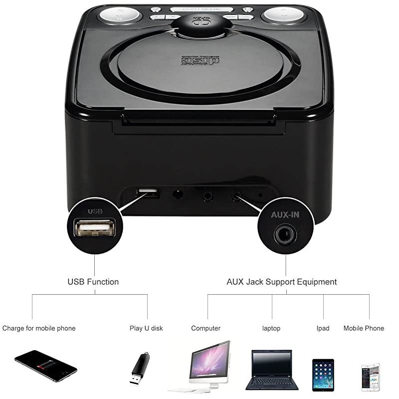 YW-010 CD Player Clock FM Radio with USB Port (Black)