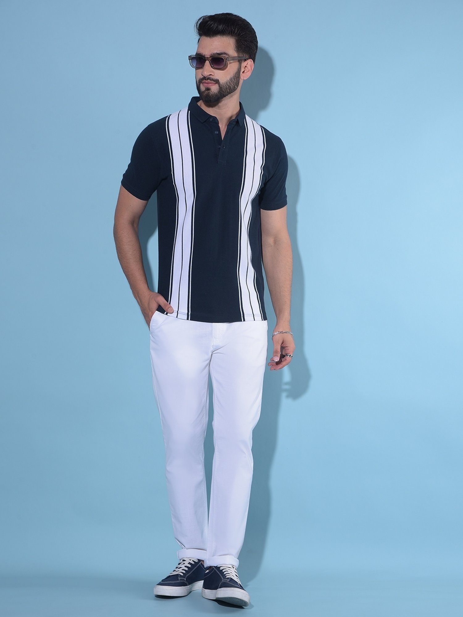 Crimsoune Club Navy Blue Cotton Slim Fit Striped Polo T-Shirt