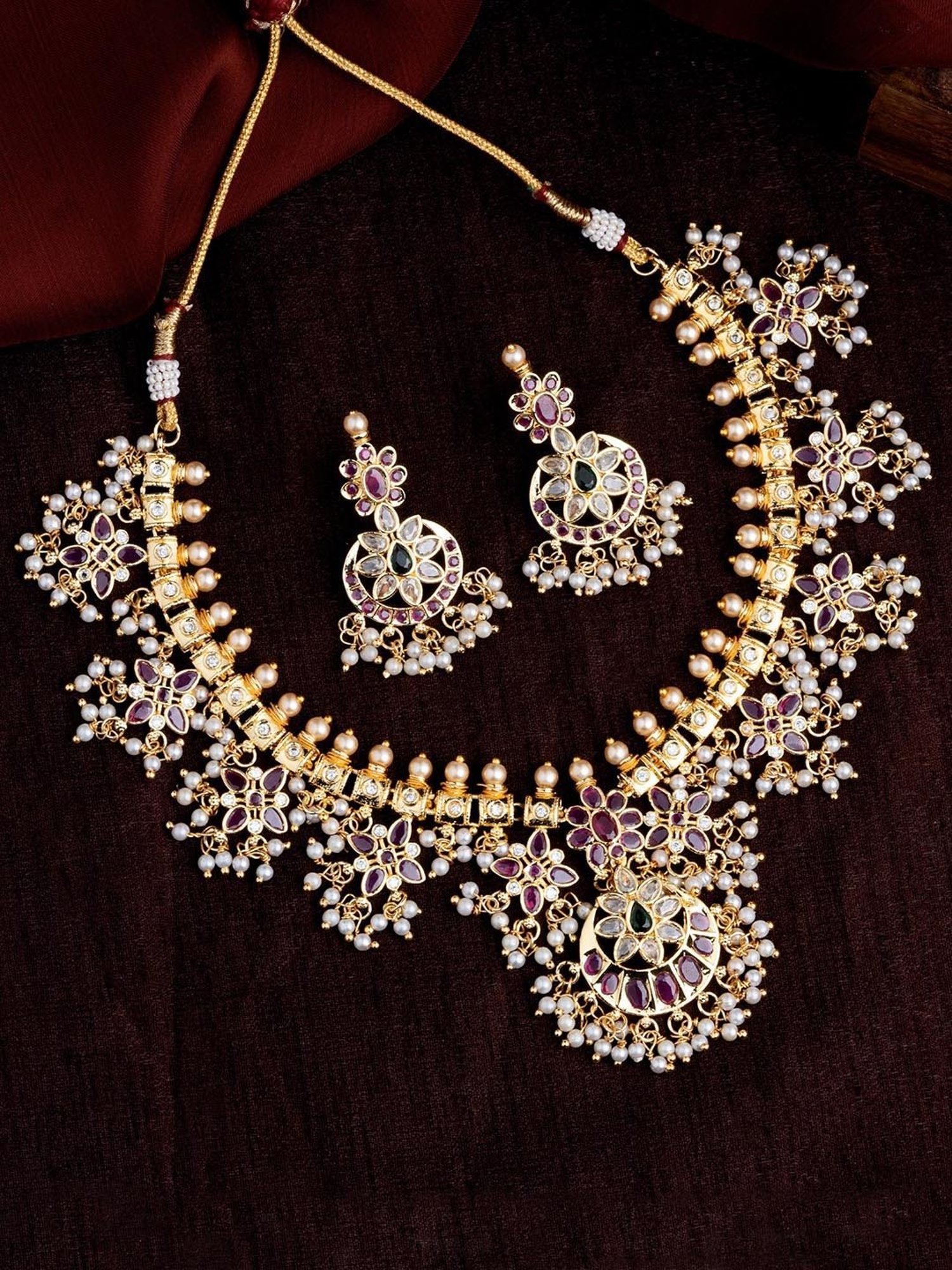 Estele Gold-Plated CZ Traditional Machilipatnam Bridal Necklace Set with Pearls for Women