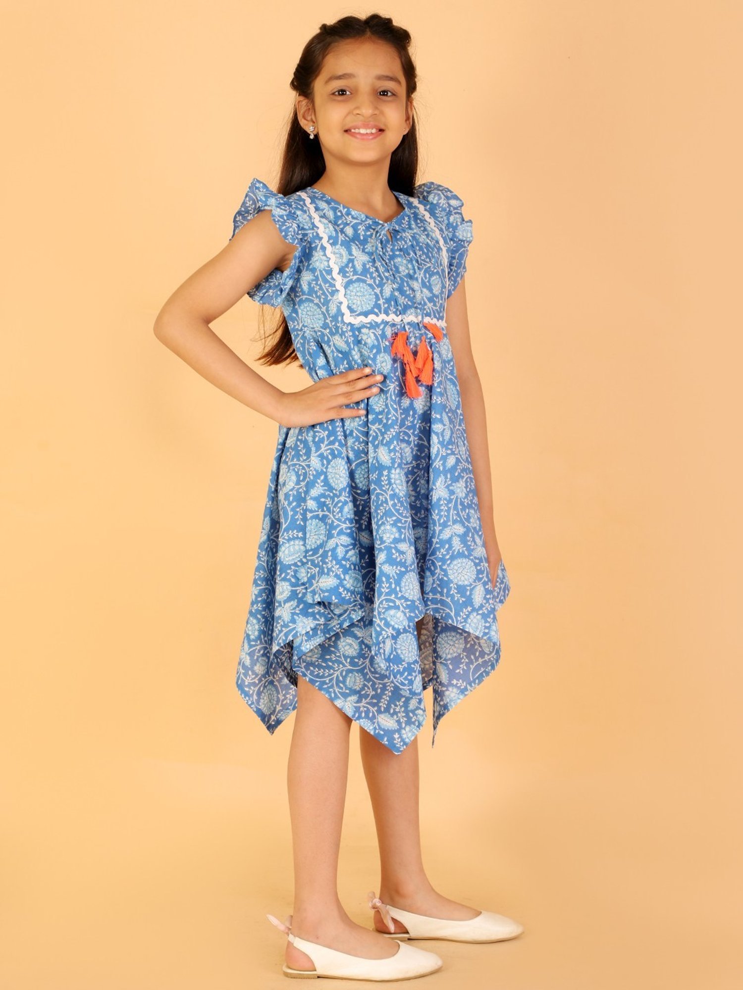 Lil Drama Kids Blue Cotton Floral Print Dress