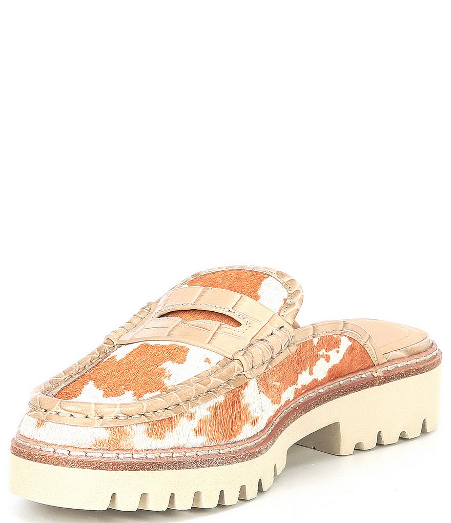 Donald Pliner Hillie Cow Print Calf Hair Penny Lug Sole Loafer Mules
