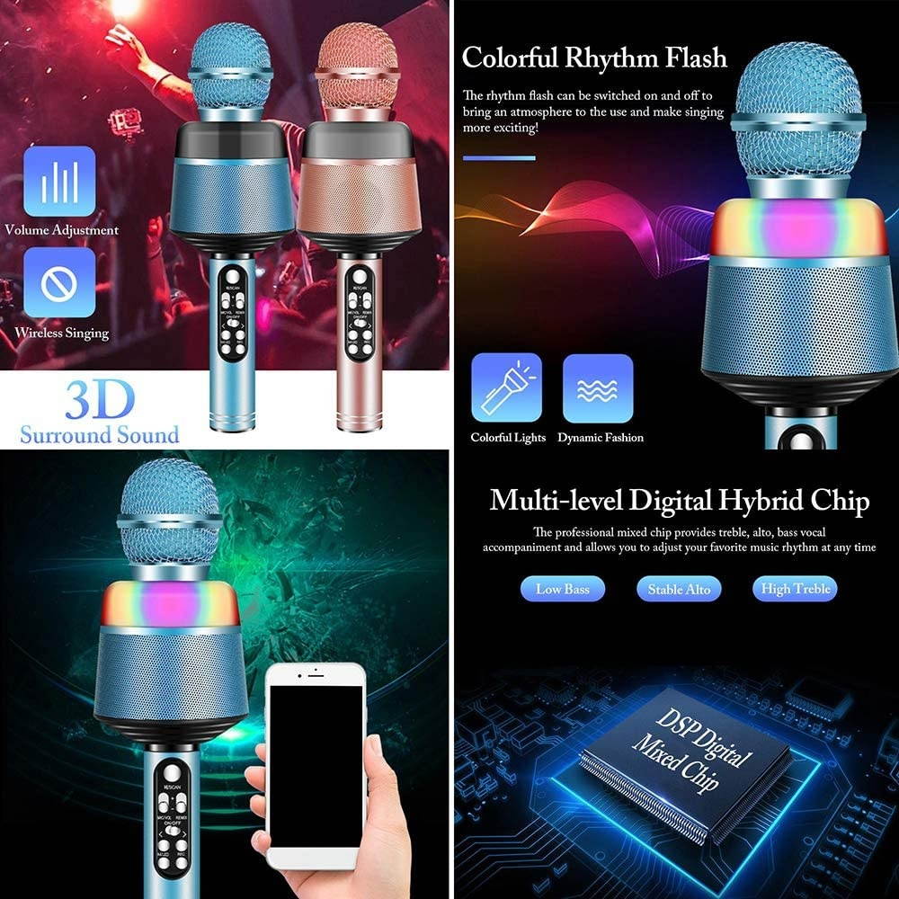 Wireless Microphone with Flashing Lights Portable Handhold Mic Speaker Cardioid for Mobile Phone Singing Music Apps DSP Chip