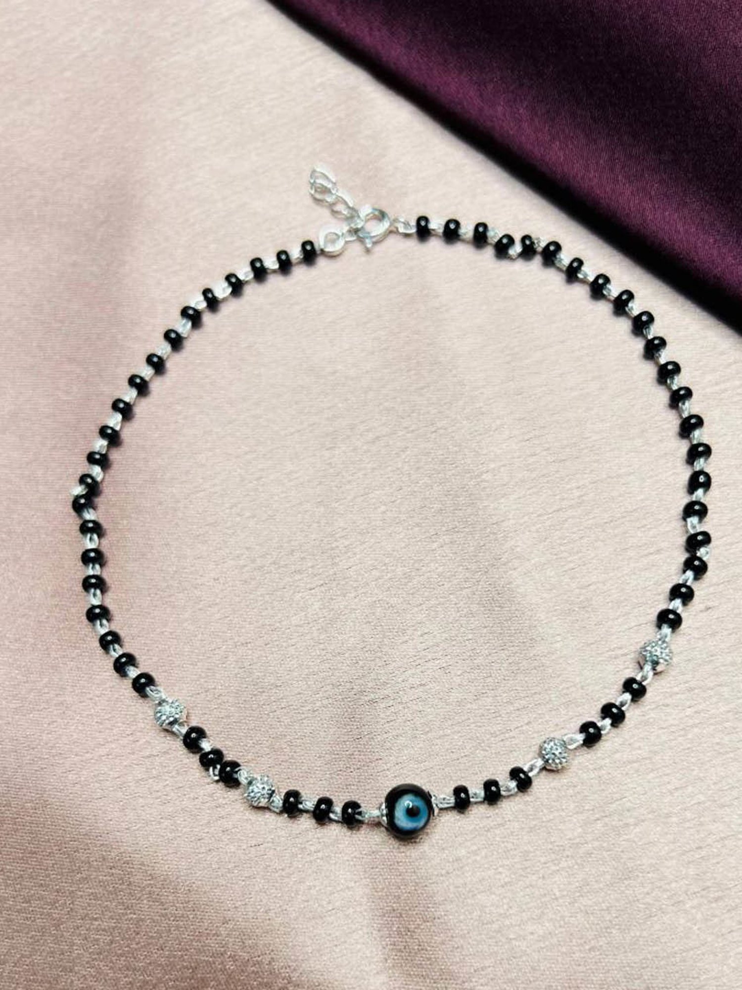 Arte Jewels 925 Sterling Silver Black Beads Evil Eye Anklet for Women & Girls (Single Anklet)