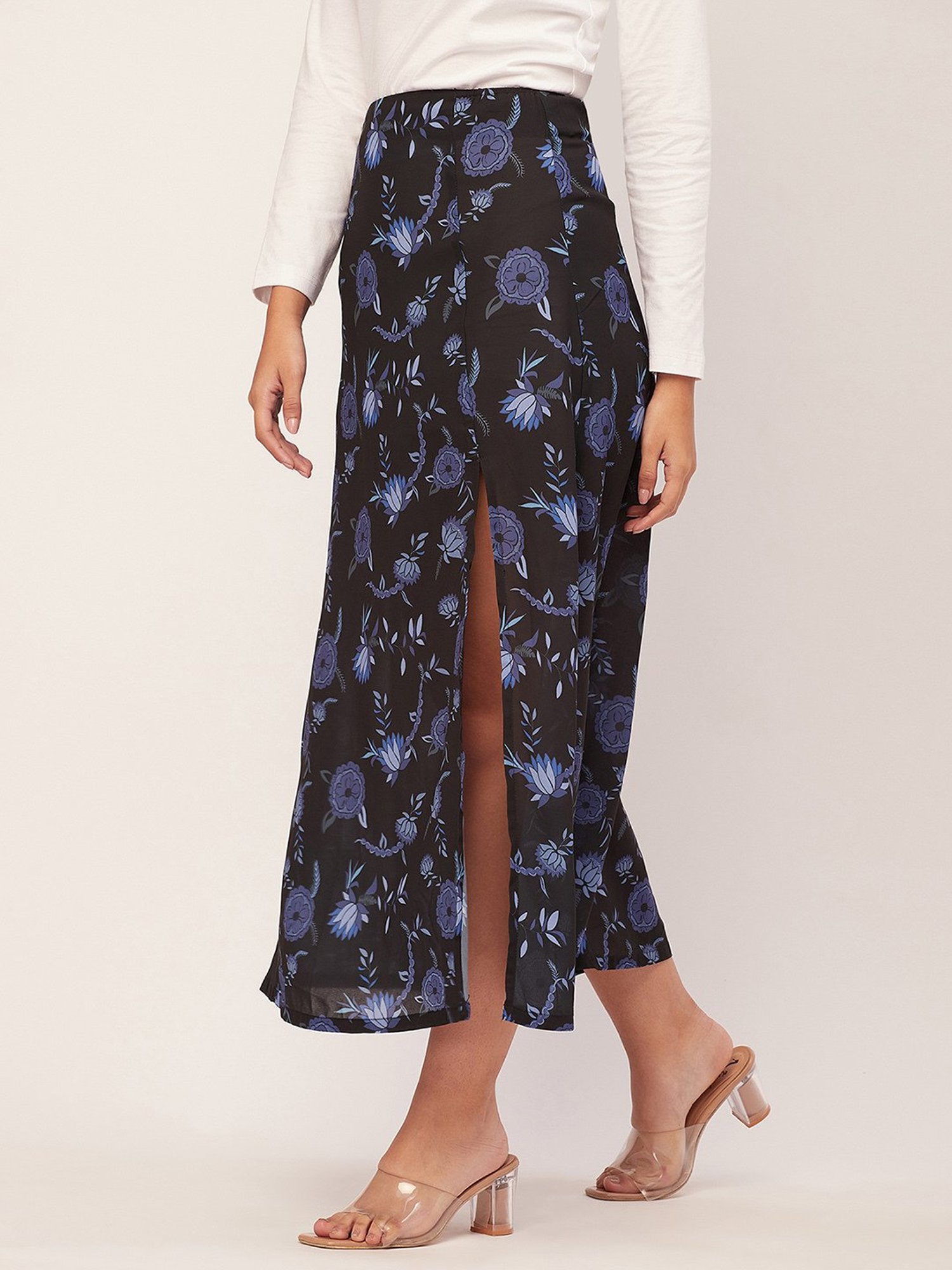 Moomaya Black & Blue Georgette Floral Print Skirt