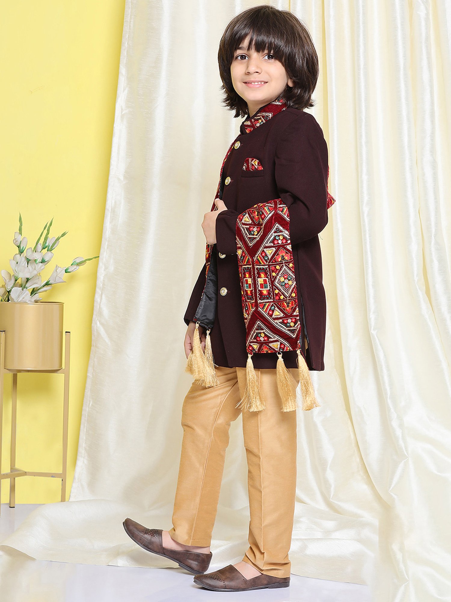 AJ Dezines Kids Maroon & Gold Embroidered Full Sleeves Sherwani, Pyjamas with Dupatta