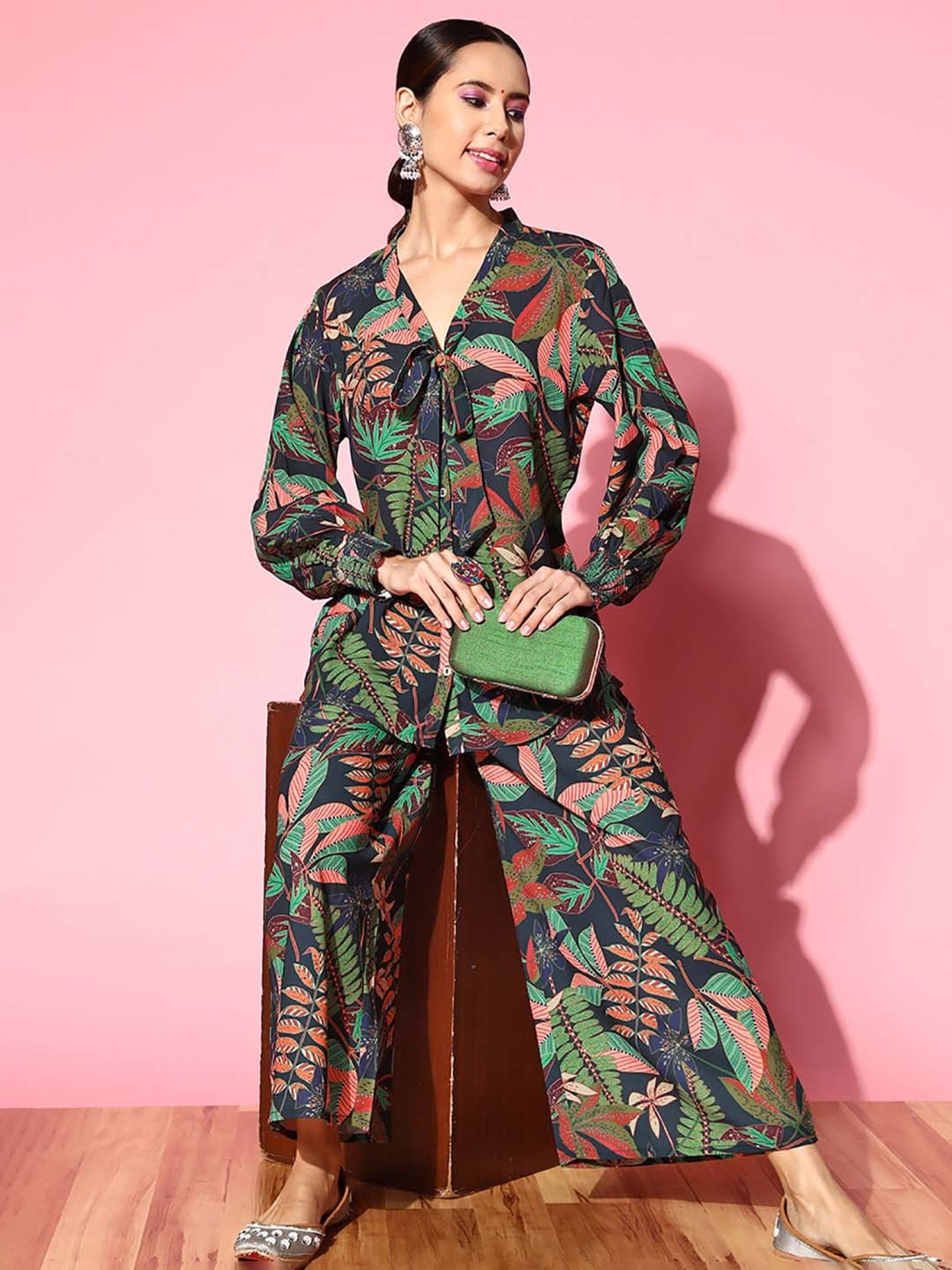 Indo Era Navy & Green Printed Tunic Palazzo Set