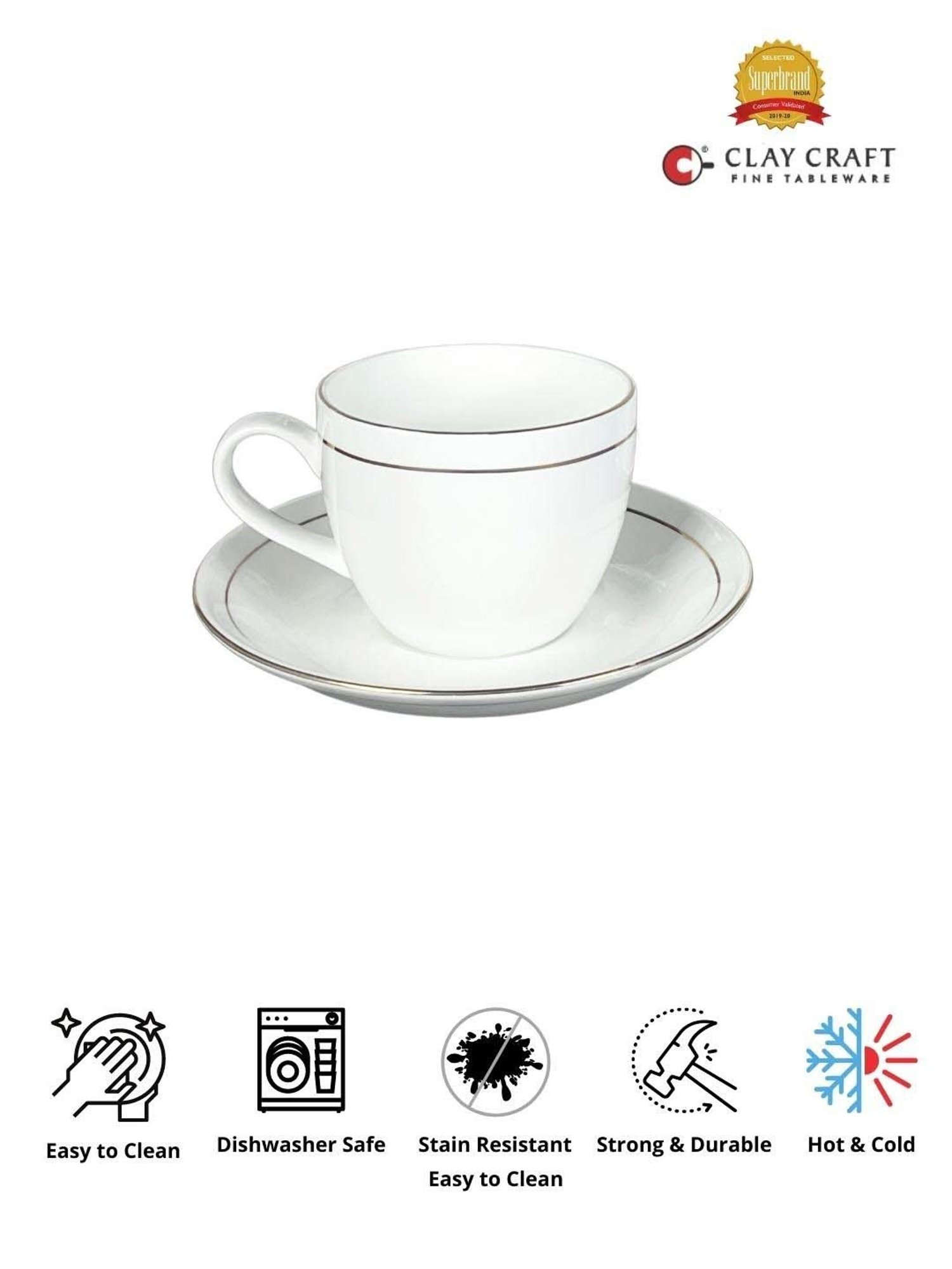 Clay Craft Fine White Ceramic 6 Tea Cups (0.18 L) with 6 Saucers