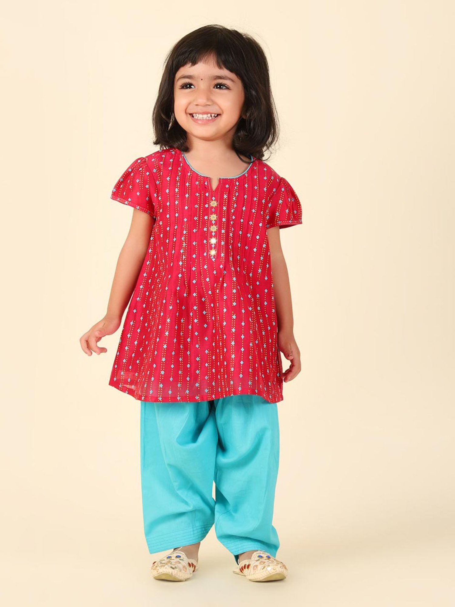 Fabindia Kids Red & Turquoise Printed Kurta With Salwar